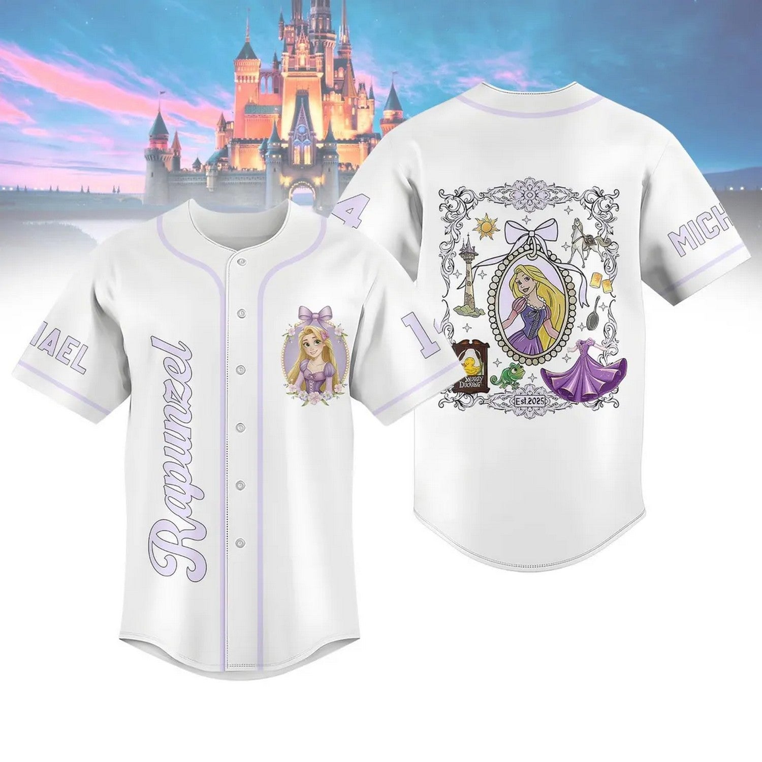 Custom Name Disney Princess Tangled Rapunzel Simple White Baseball Jersey