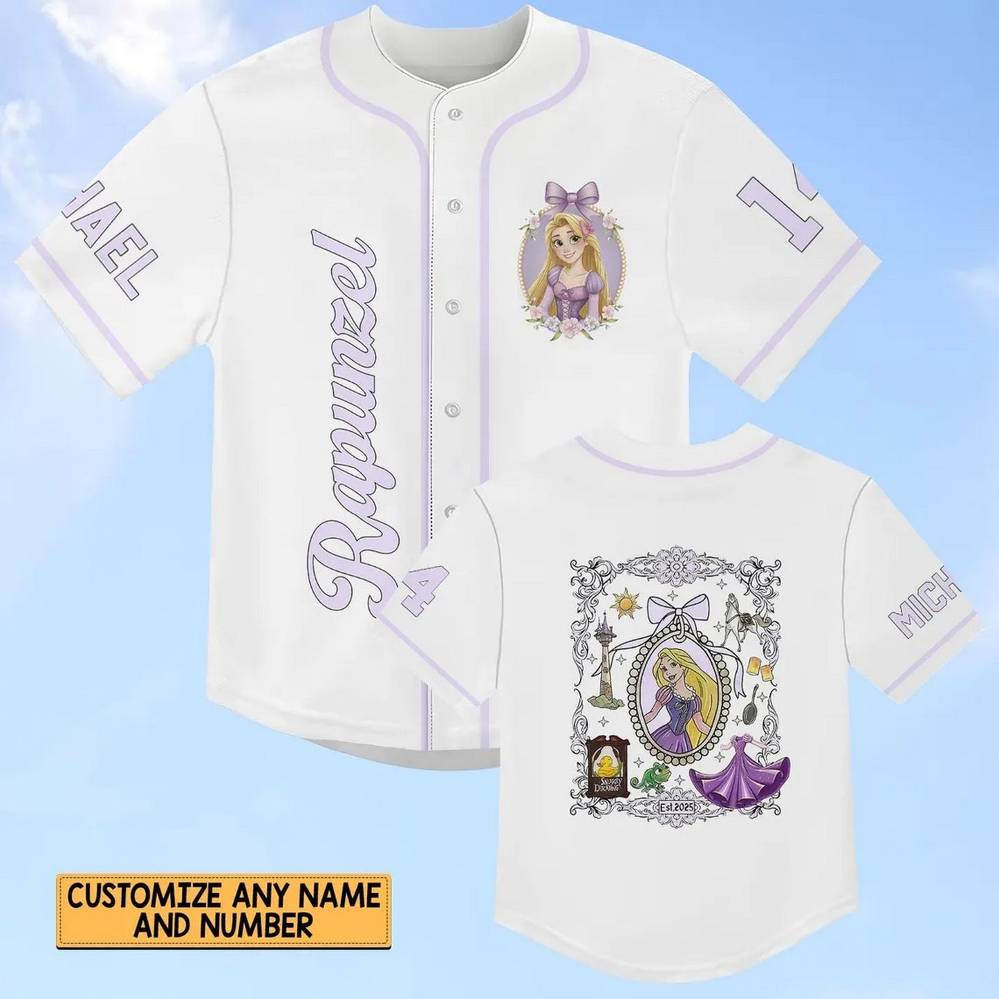 Custom Name Disney Princess Tangled Rapunzel Simple White Baseball Jersey
