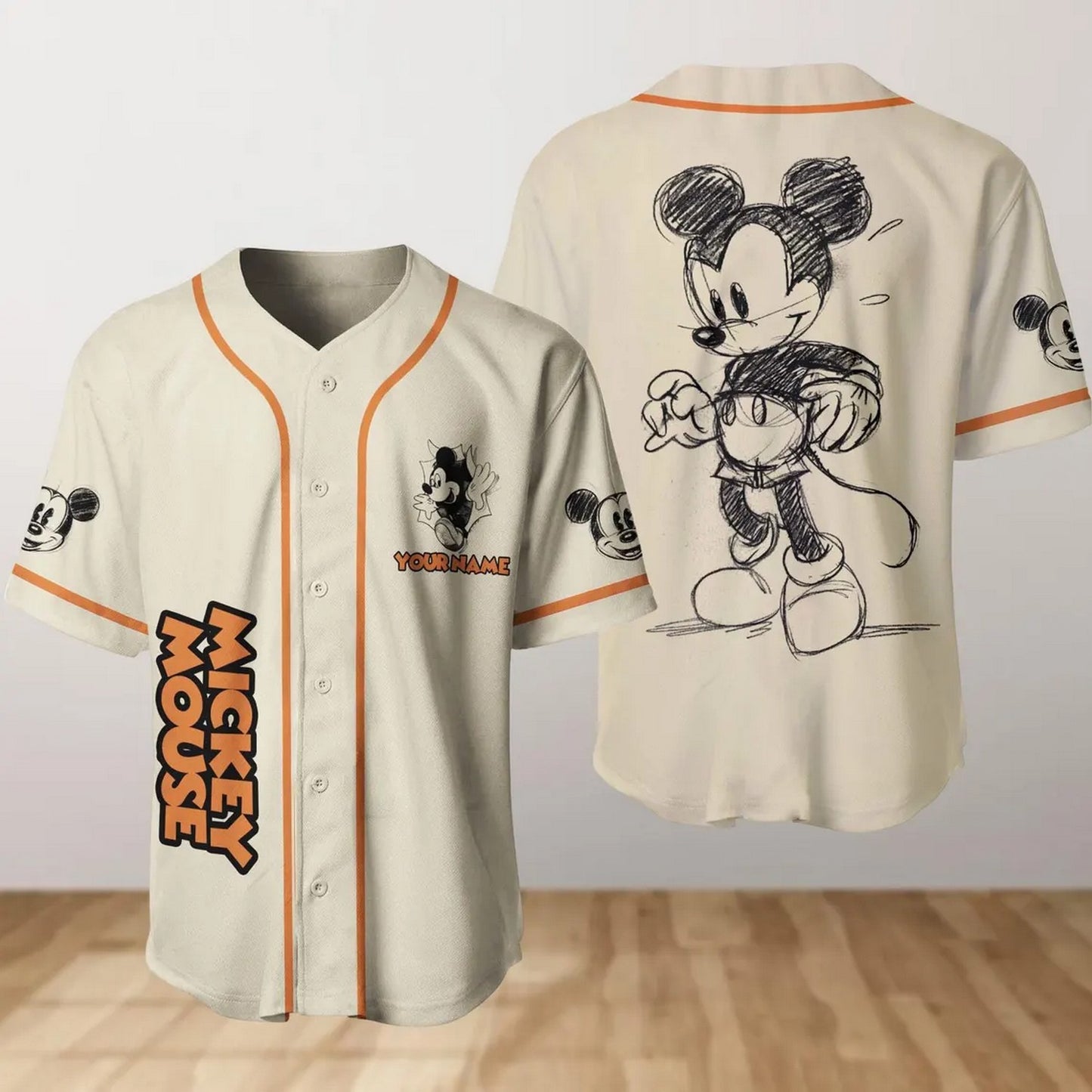 Custom Name Disney Schetch Mickey Mouse Gray Baseball Jersey