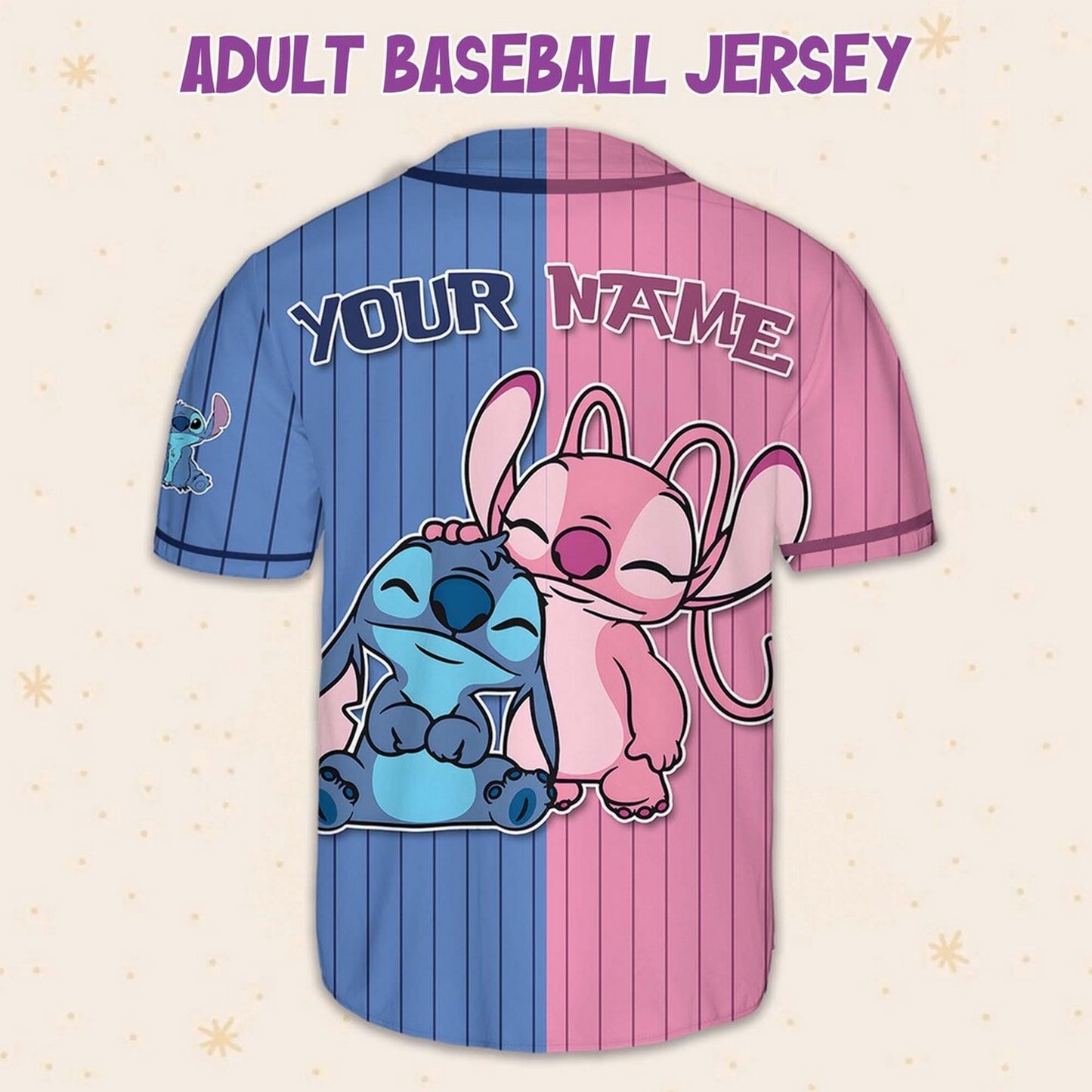 Custom Name Disney Stitch And Angel Blue Pink Vertical Baseball Jersey