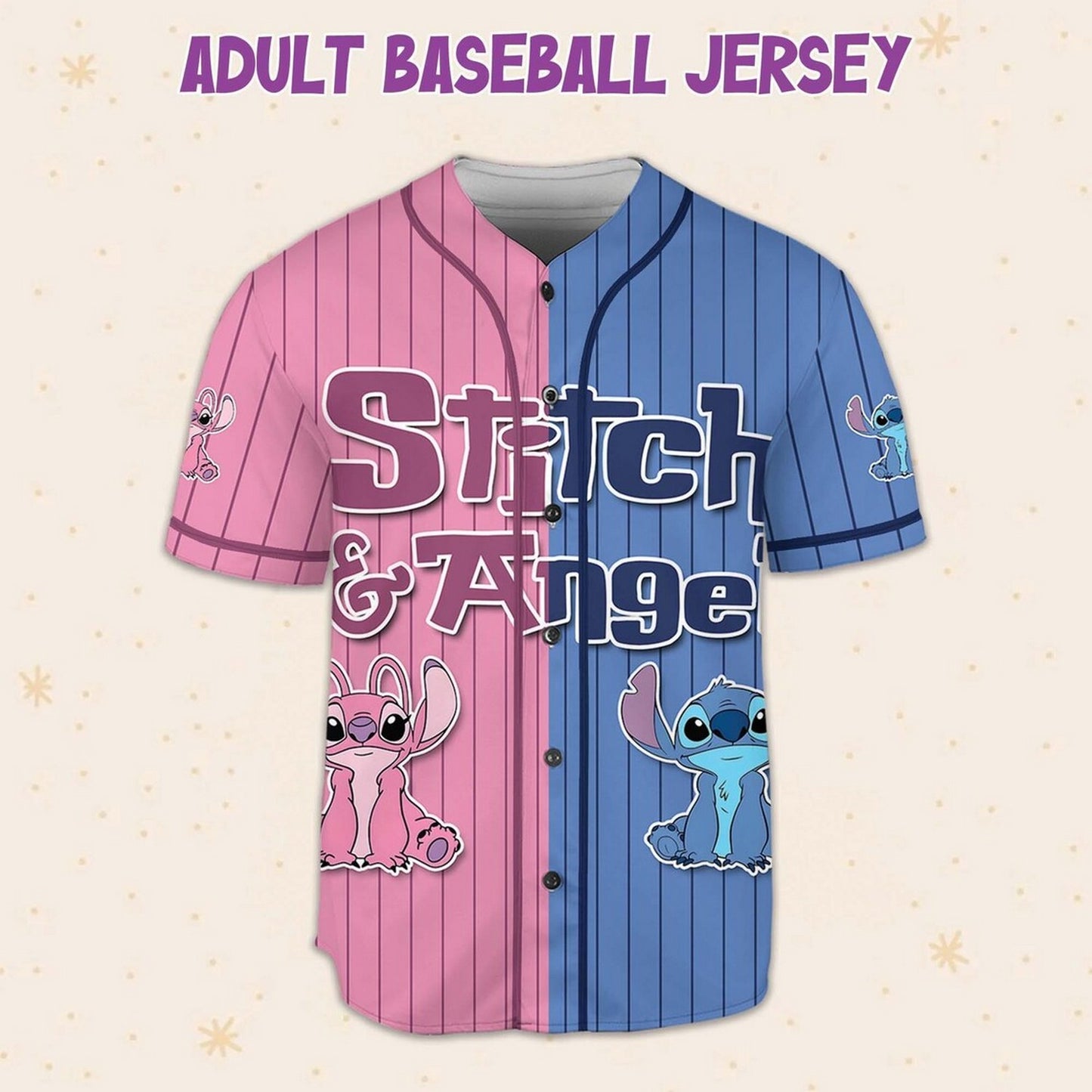 Custom Name Disney Stitch And Angel Blue Pink Vertical Baseball Jersey