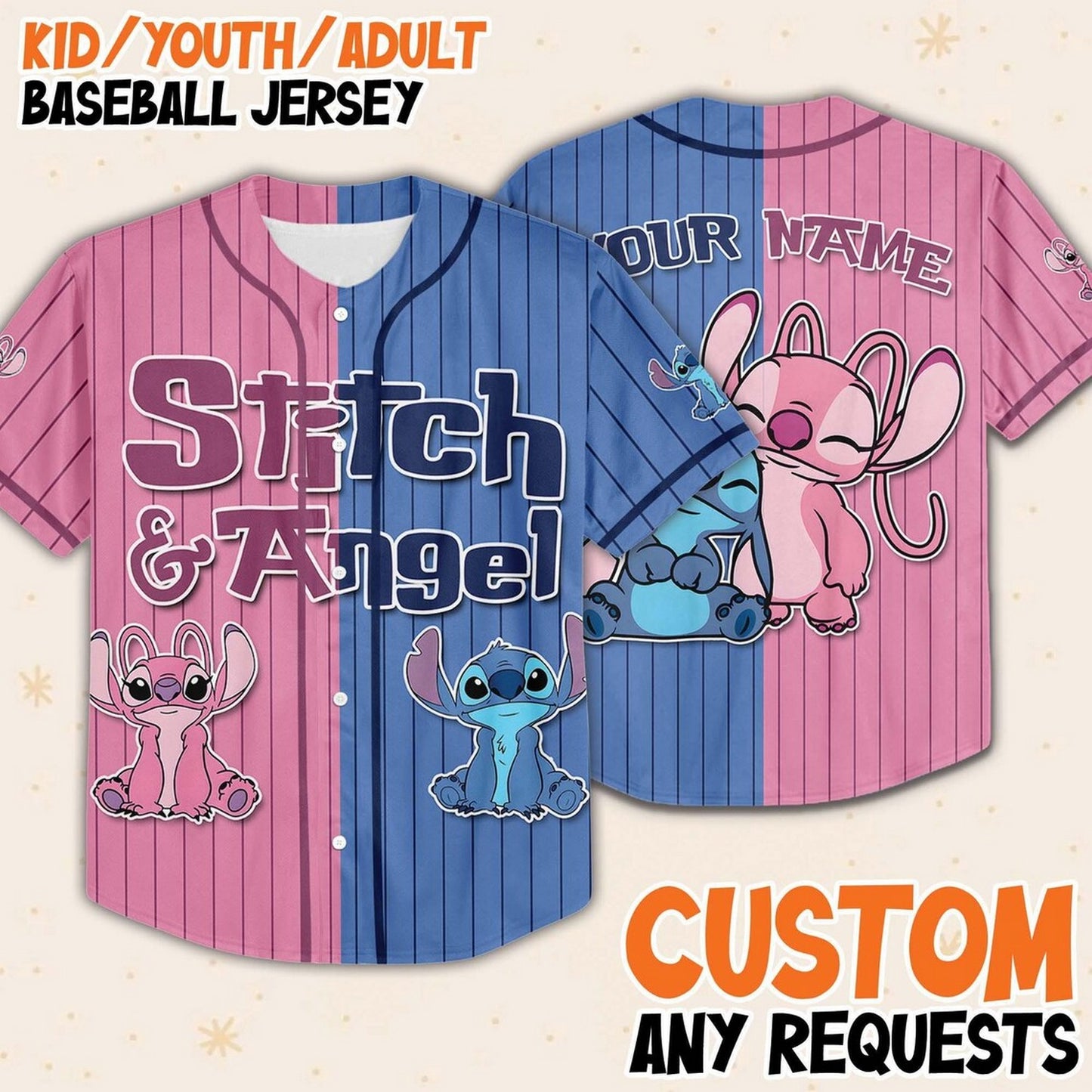 Custom Name Disney Stitch And Angel Blue Pink Vertical Baseball Jersey