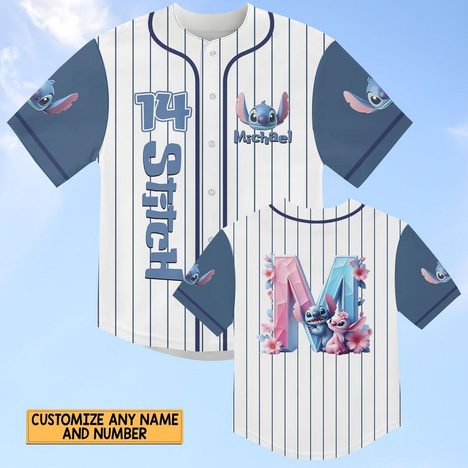Custom Name Disney Stitch And Angle 3d Striped White Baseball Jersey