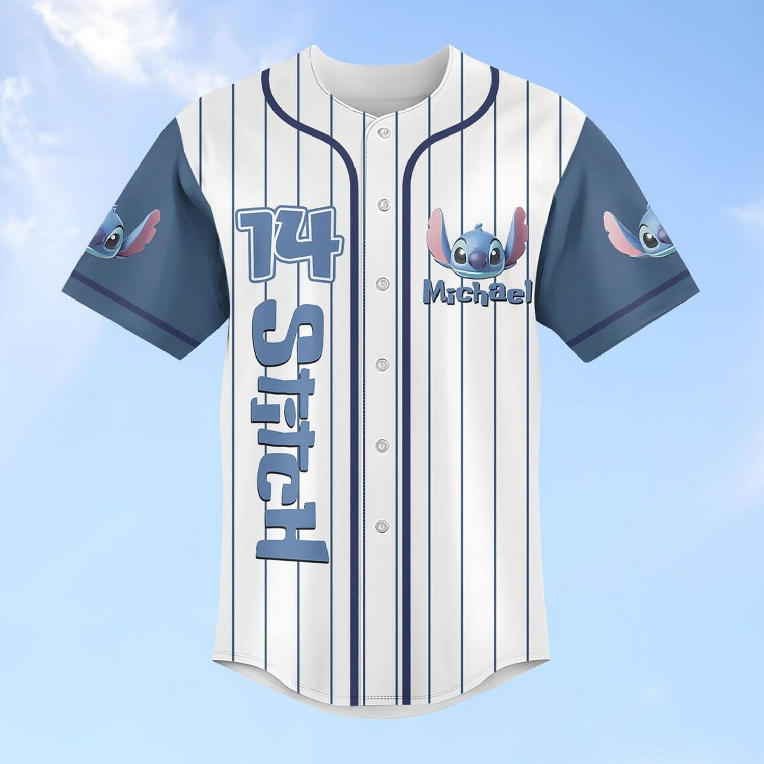 Custom Name Disney Stitch And Angle 3d Striped White Baseball Jersey