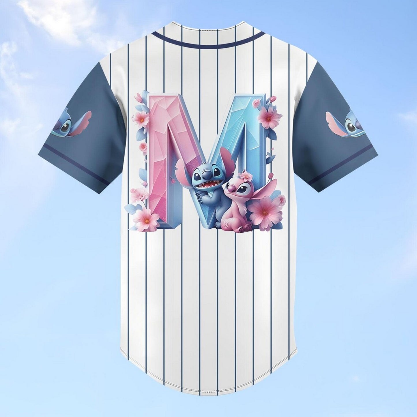 Custom Name Disney Stitch And Angle 3d Striped White Baseball Jersey