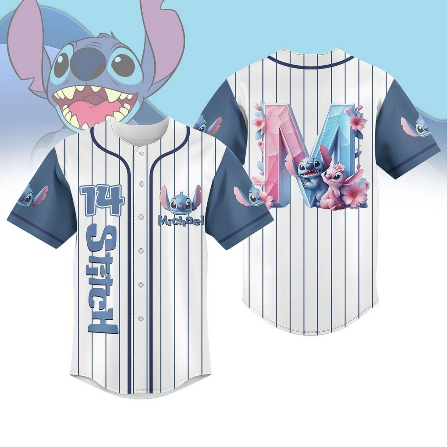 Custom Name Disney Stitch And Angle 3d Striped White Baseball Jersey