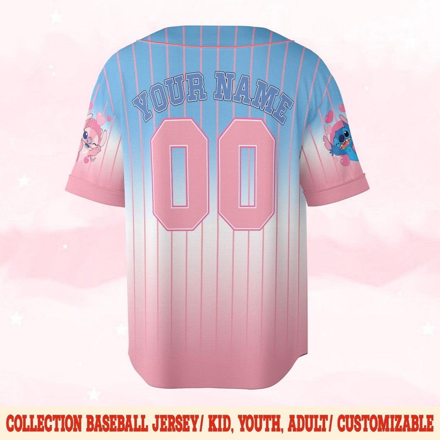 Custom Name Disney Stitch And Angle Blue Pink Baseball Jersey