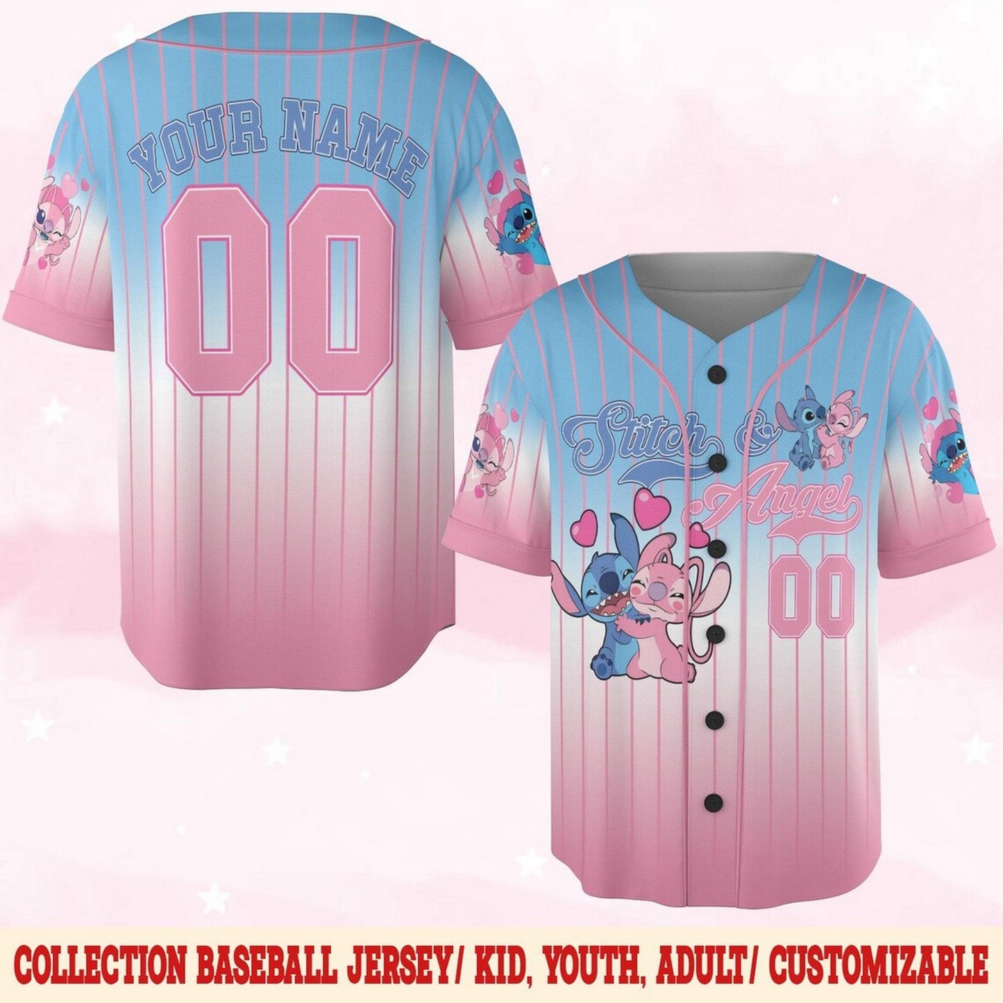 Custom Name Disney Stitch And Angle Blue Pink Baseball Jersey