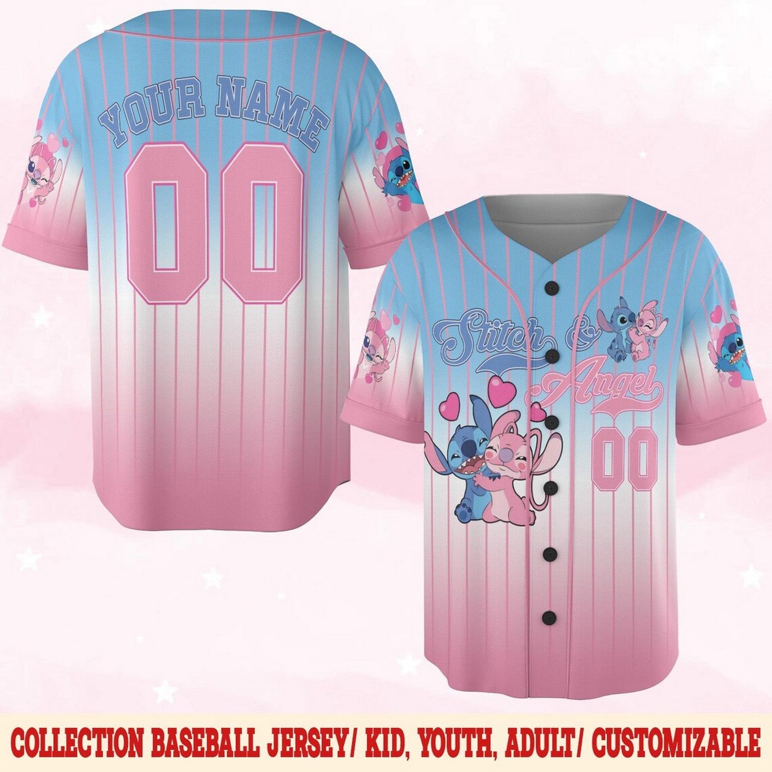 Custom Name Disney Stitch And Angle Blue Pink Baseball Jersey