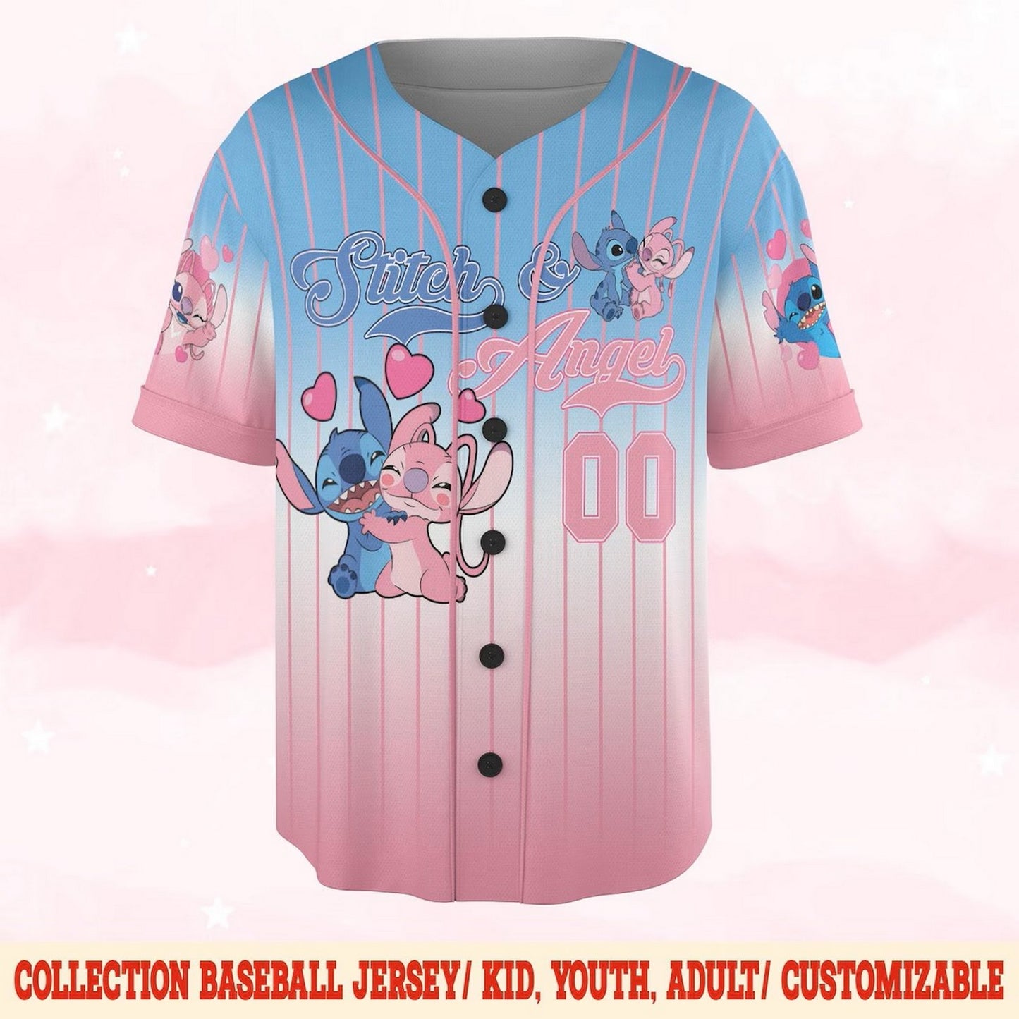 Custom Name Disney Stitch And Angle Blue Pink Baseball Jersey