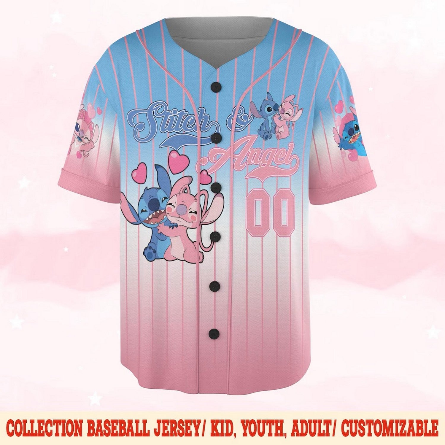 Custom Name Disney Stitch And Angle Blue Pink Baseball Jersey