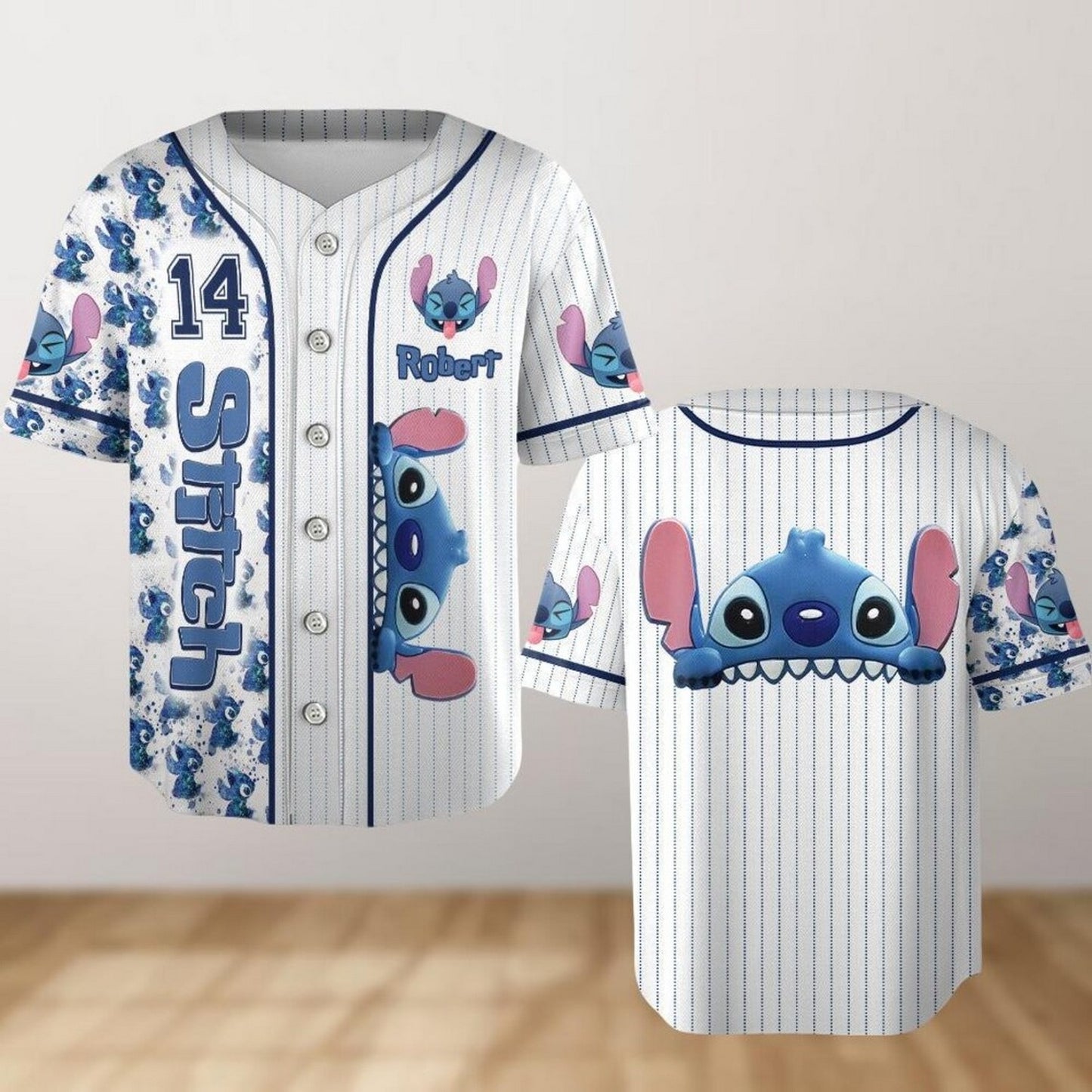 Custom Name Disney Stitch And Tiny Pattern Baseball Jersey