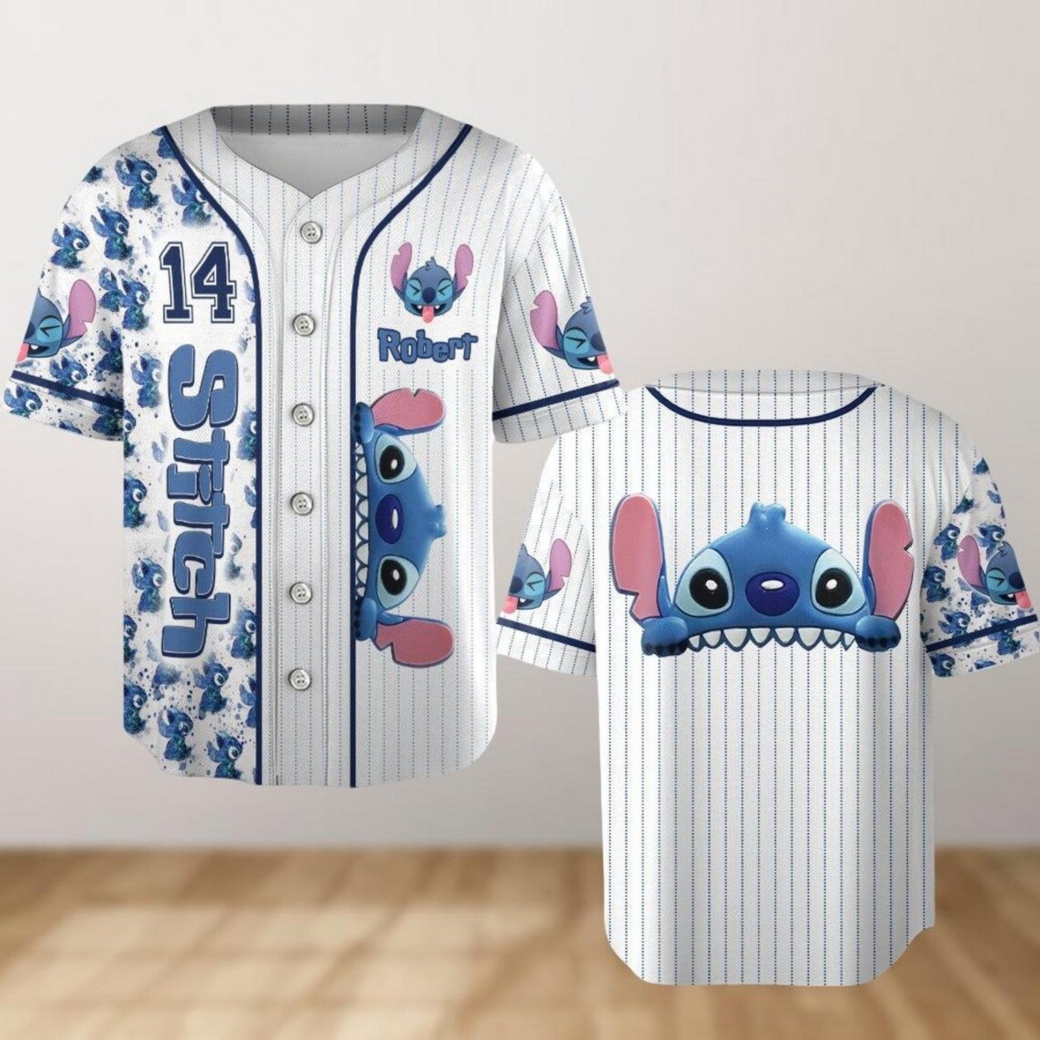 Custom Name Disney Stitch And Tiny Pattern Baseball Jersey