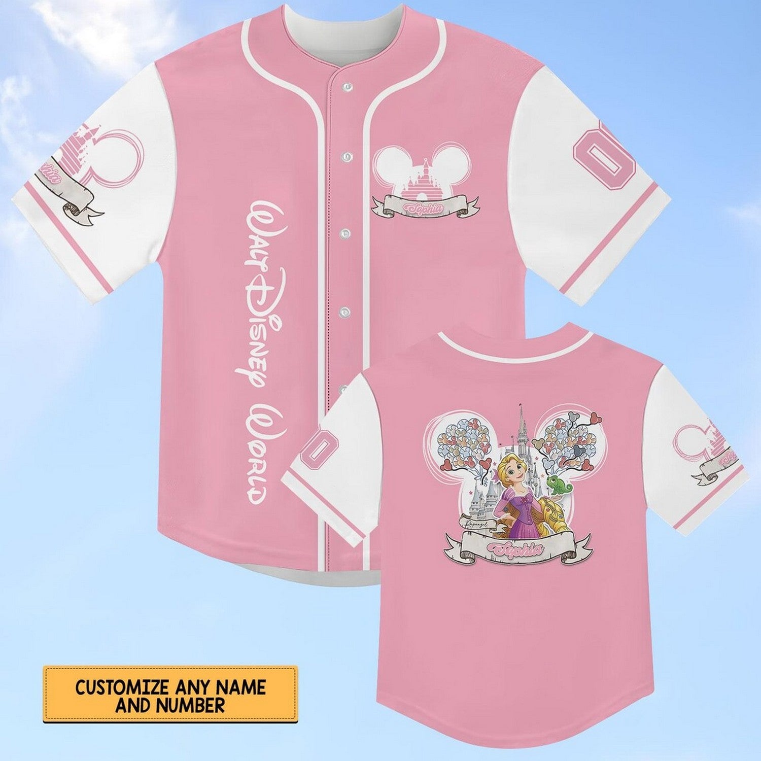 Custom Name Disney Tangled Princess Rapunzel Pink White Baseball Jersey