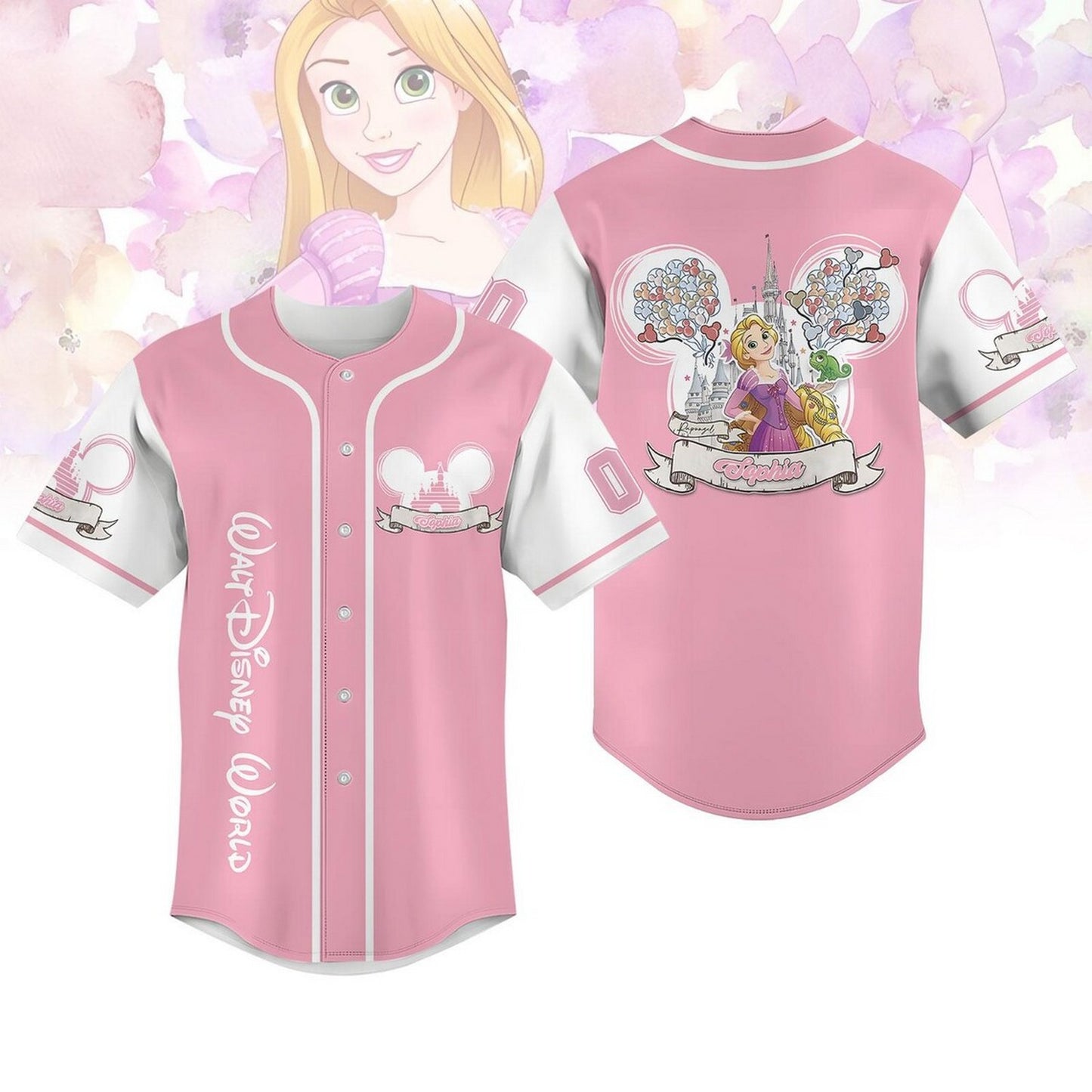 Custom Name Disney Tangled Princess Rapunzel Pink White Baseball Jersey