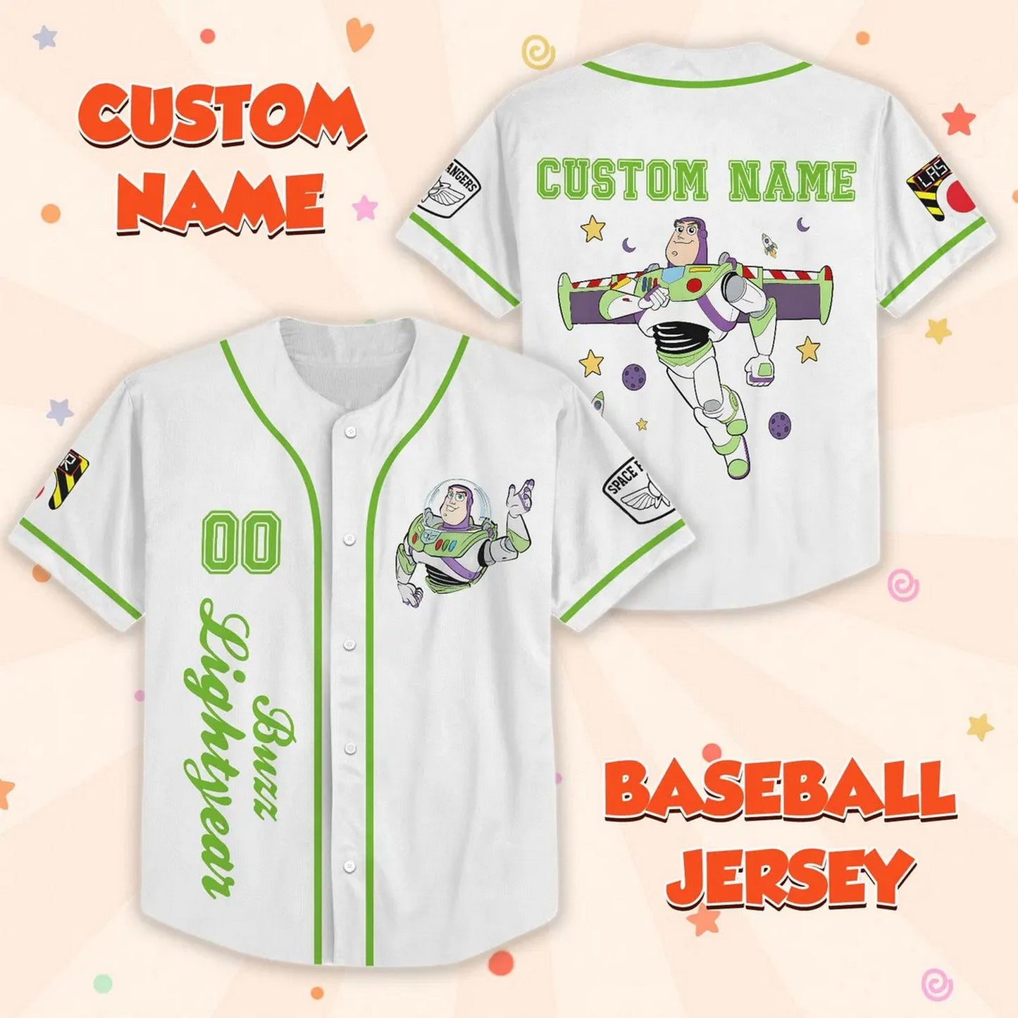 Custom Name Disney Toy Story Buzz Lightyear Simple White Baseball Jersey For Family