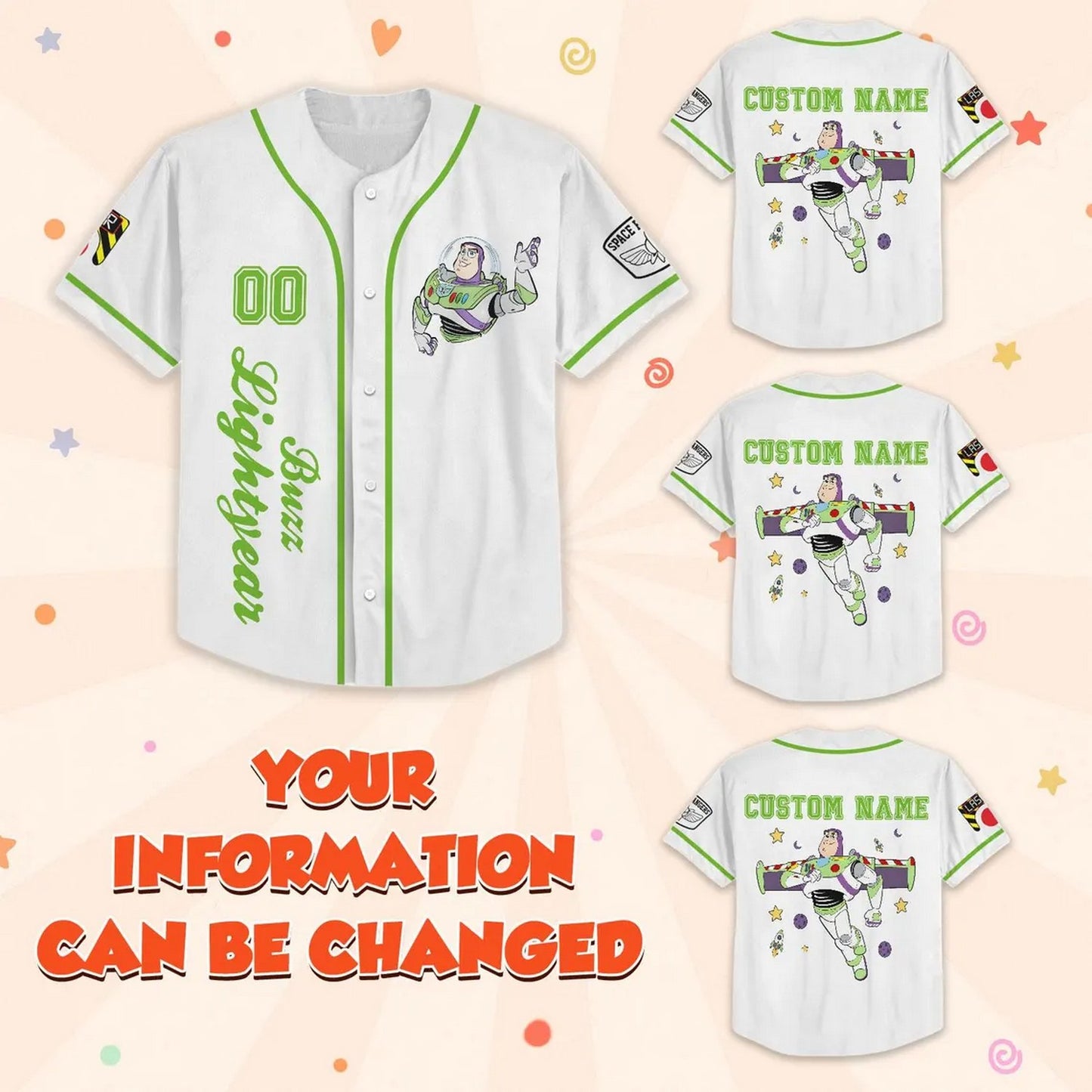 Custom Name Disney Toy Story Buzz Lightyear Simple White Baseball Jersey For Family