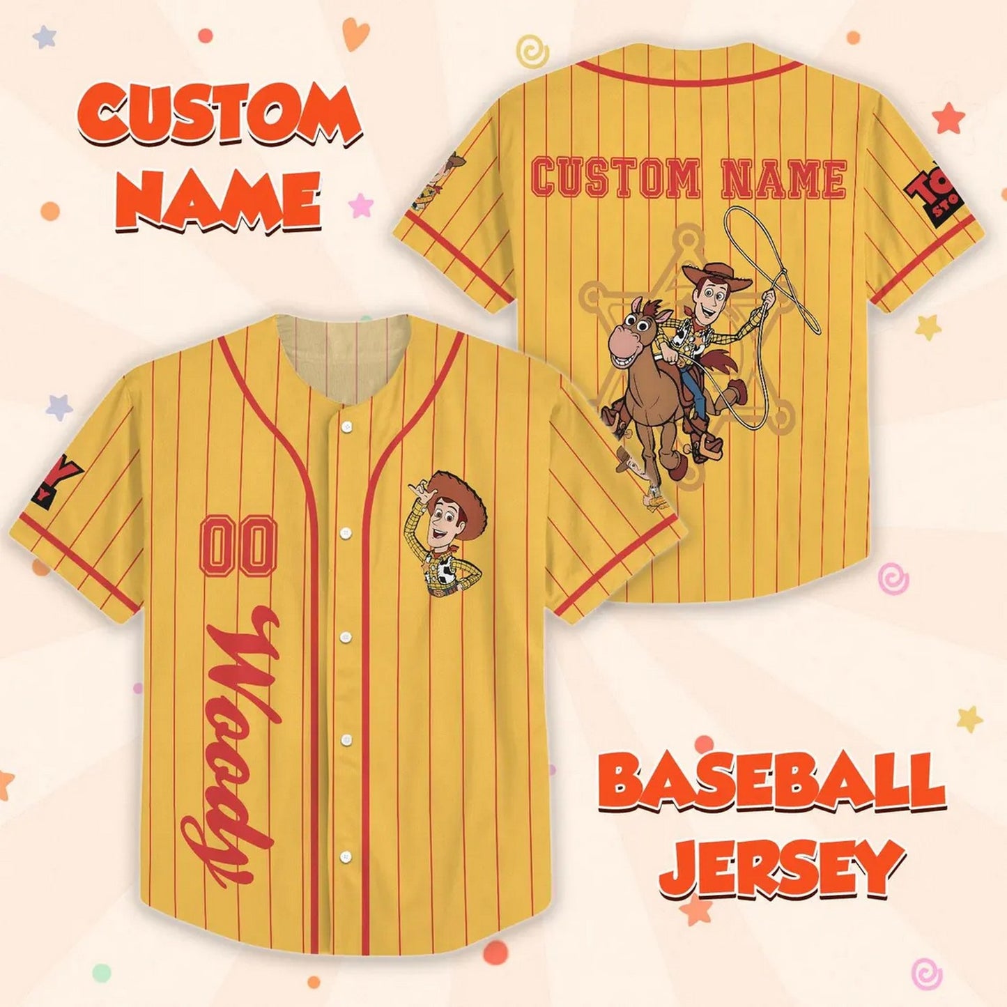 Custom Name Disney Toy Story Woody Yellow Baseball Jersey For Family