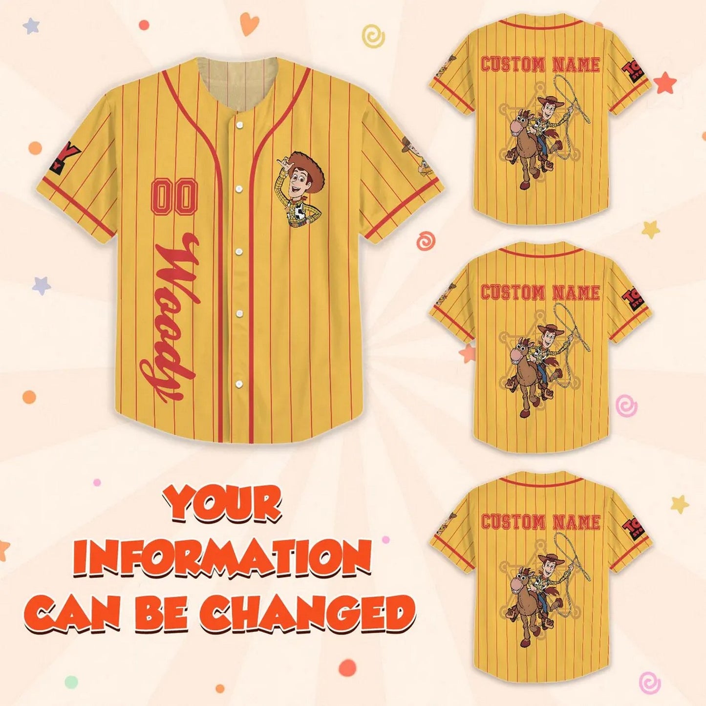 Custom Name Disney Toy Story Woody Yellow Baseball Jersey For Family