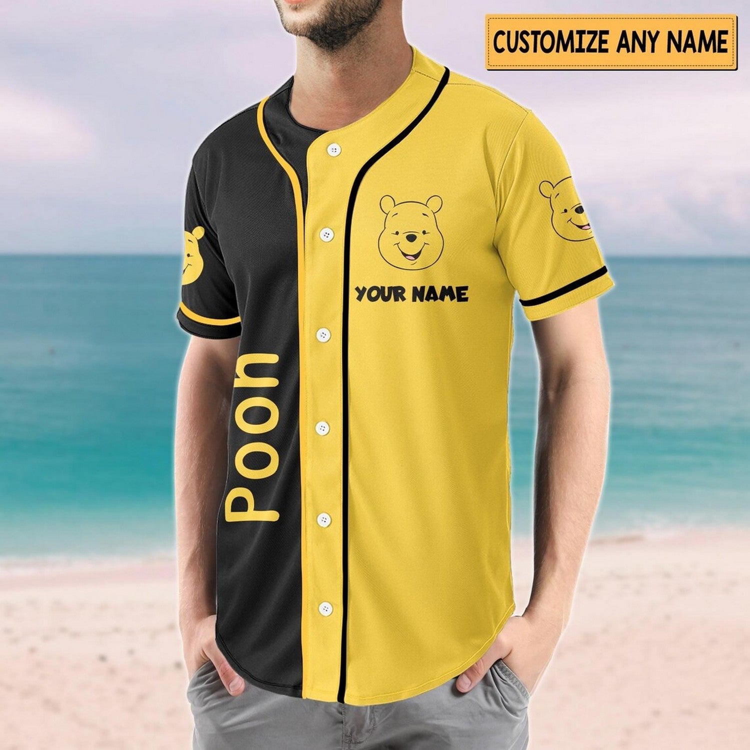 Custom Name Disney Winnie The Pooh Black Yellow Baseball Jersey