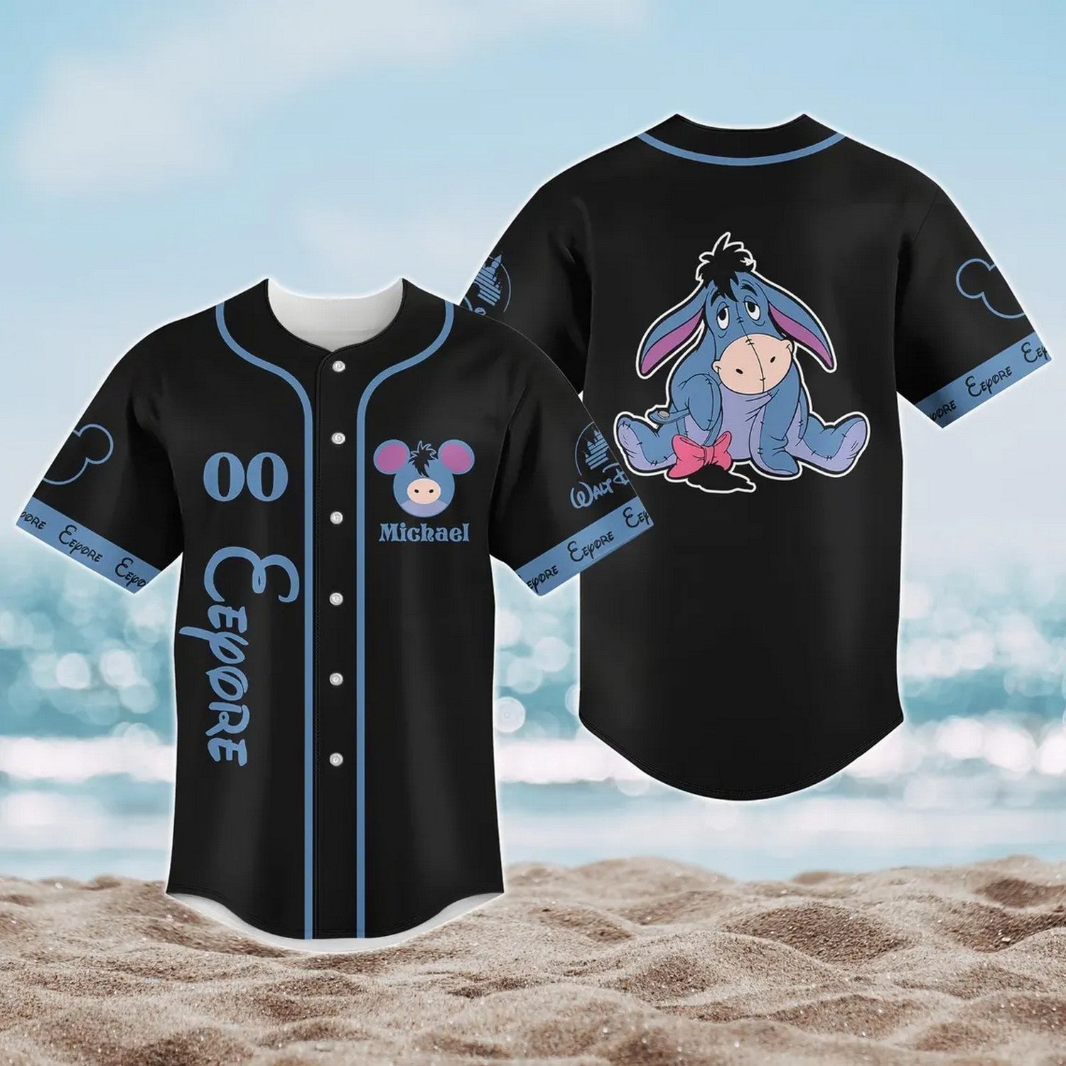 Custom Name Disney Winnie The Pooh Eeyore Donkey Black Baseball Jersey