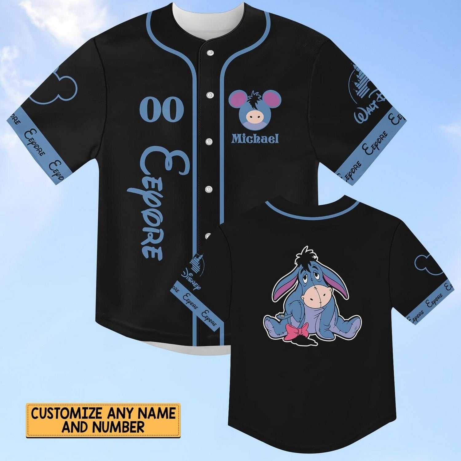 Custom Name Disney Winnie The Pooh Eeyore Donkey Black Baseball Jersey