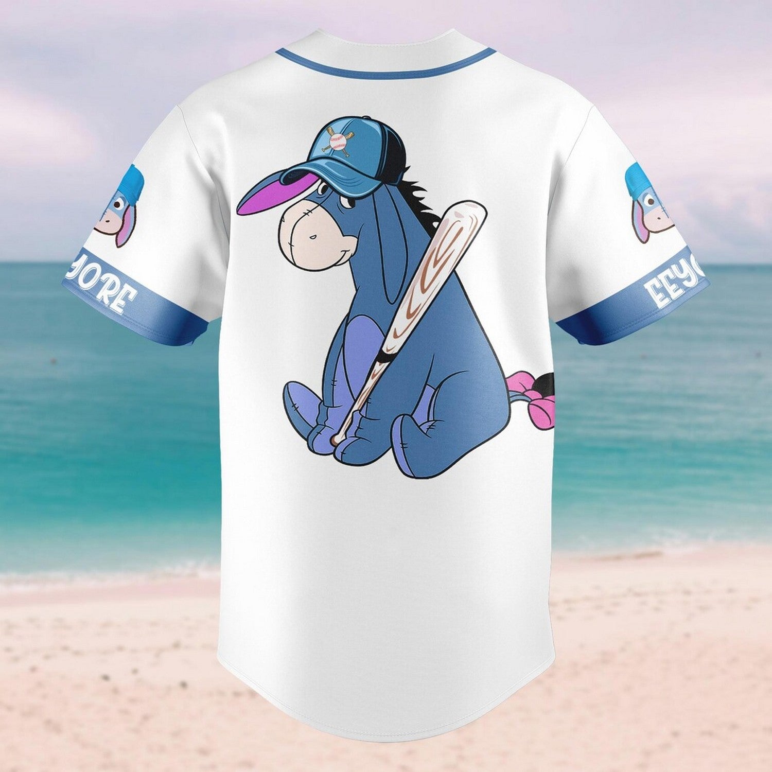 Custom Name Disney Winnie The Pooh Eeyore Simple Blue White Baseball Jersey