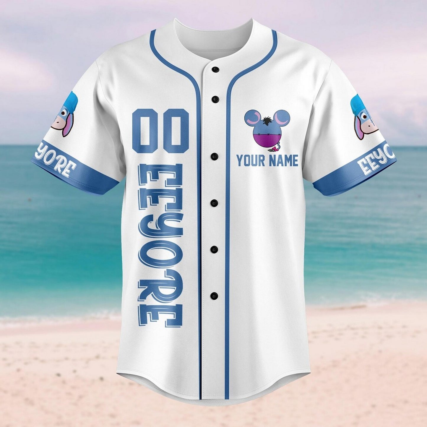 Custom Name Disney Winnie The Pooh Eeyore Simple Blue White Baseball Jersey
