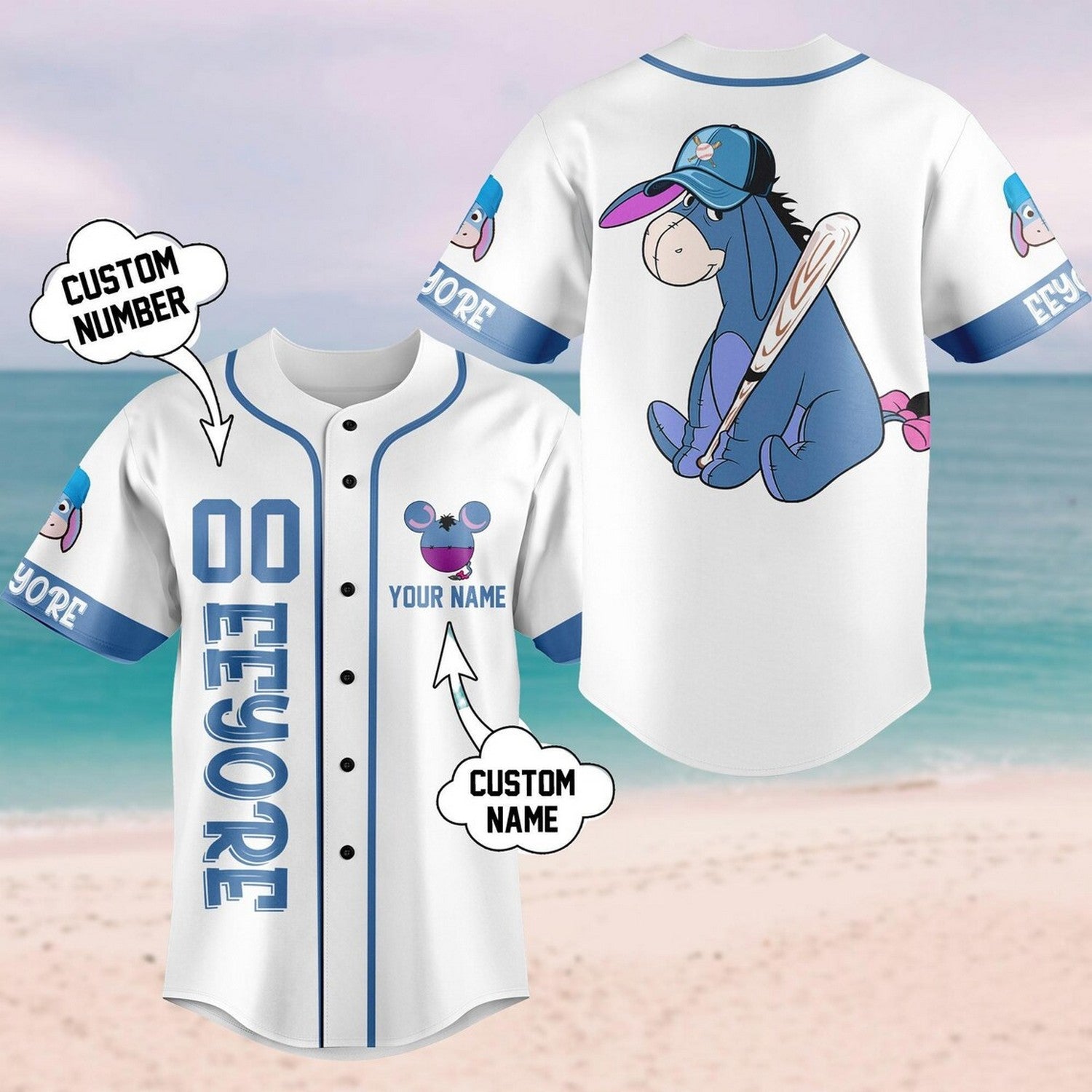 Custom Name Disney Winnie The Pooh Eeyore Simple Blue White Baseball Jersey