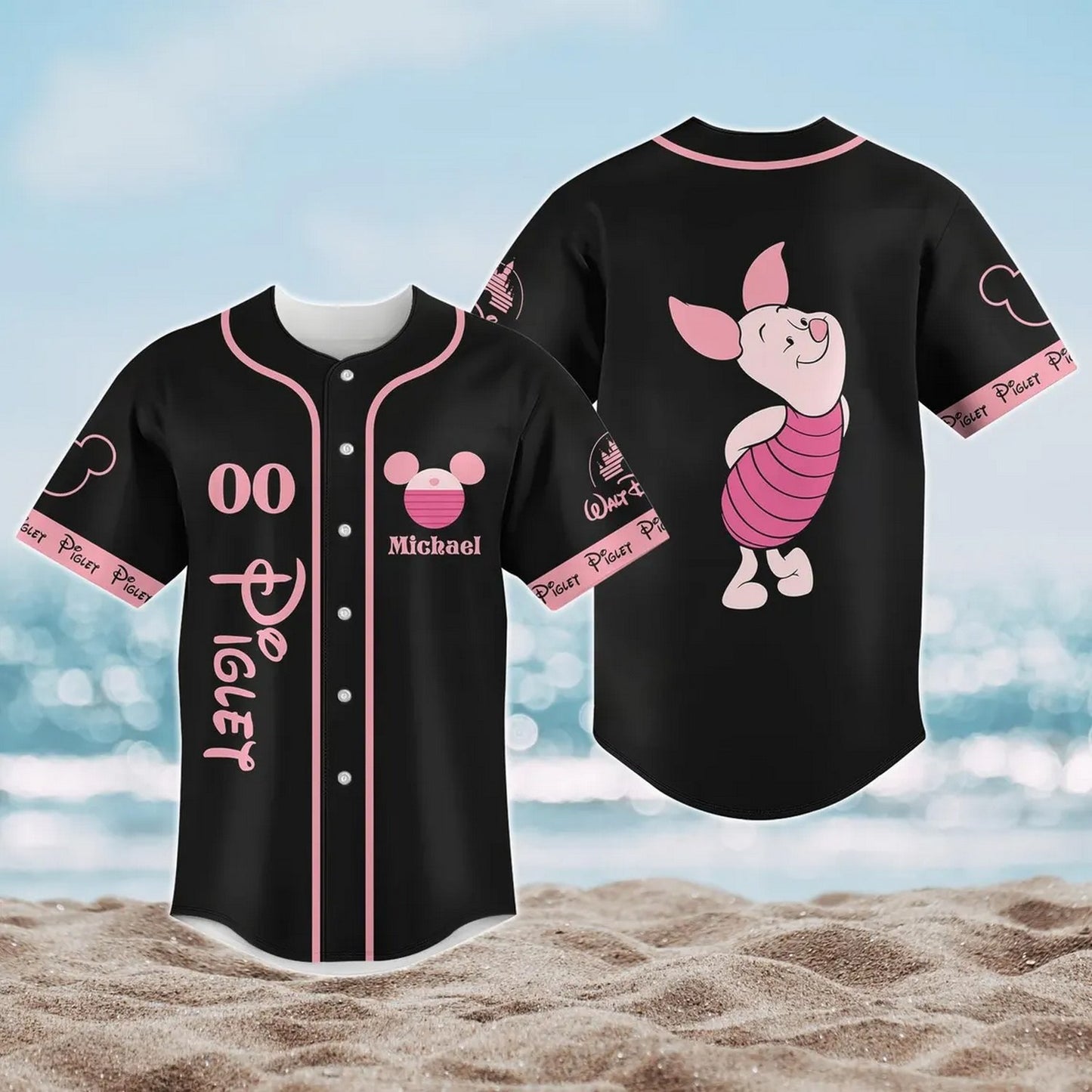 Custom Name Disney Winnie The Pooh Piglet Black Baseball Jersey