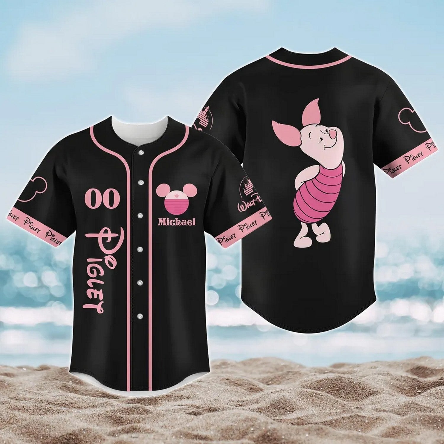 Custom Name Disney Winnie The Pooh Piglet Black Baseball Jersey