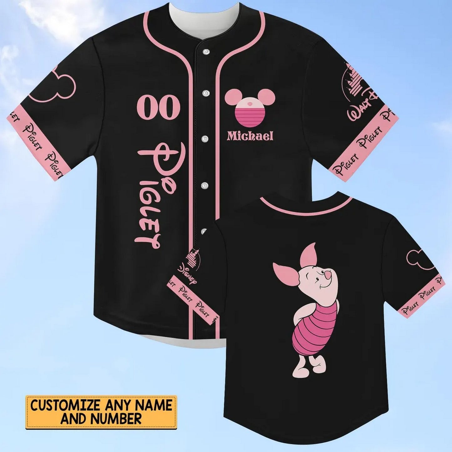 Custom Name Disney Winnie The Pooh Piglet Black Baseball Jersey