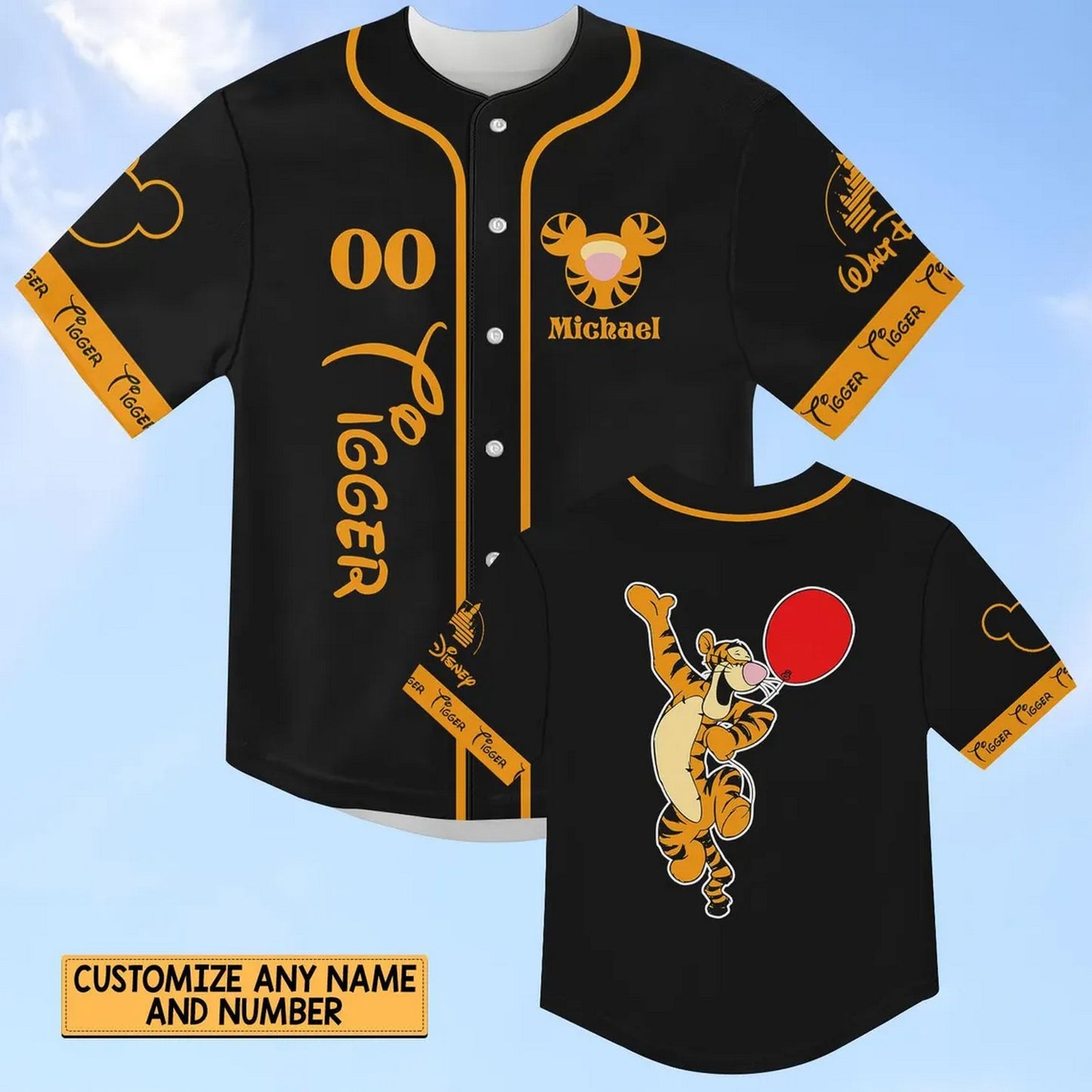Custom Name Disney Winnie The Pooh Tigger Black Baseball Jersey