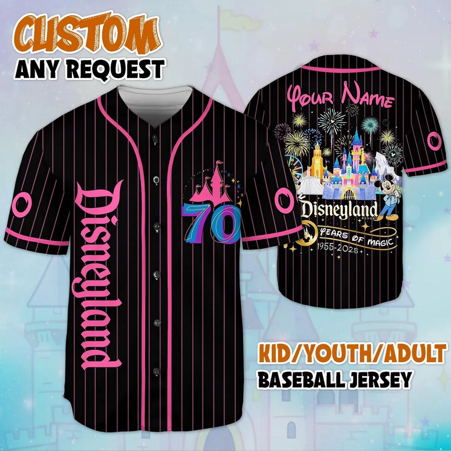 Custom Name Disneyland 70th Anniversary Black Baseball Jersey