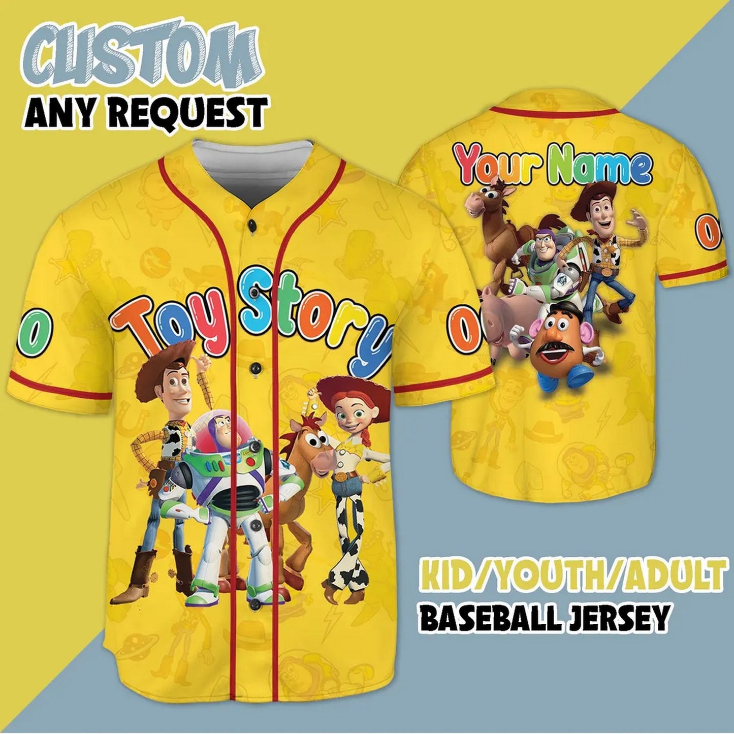 Custom Name Funny Toy Story Character Yellow Baseball Jersey