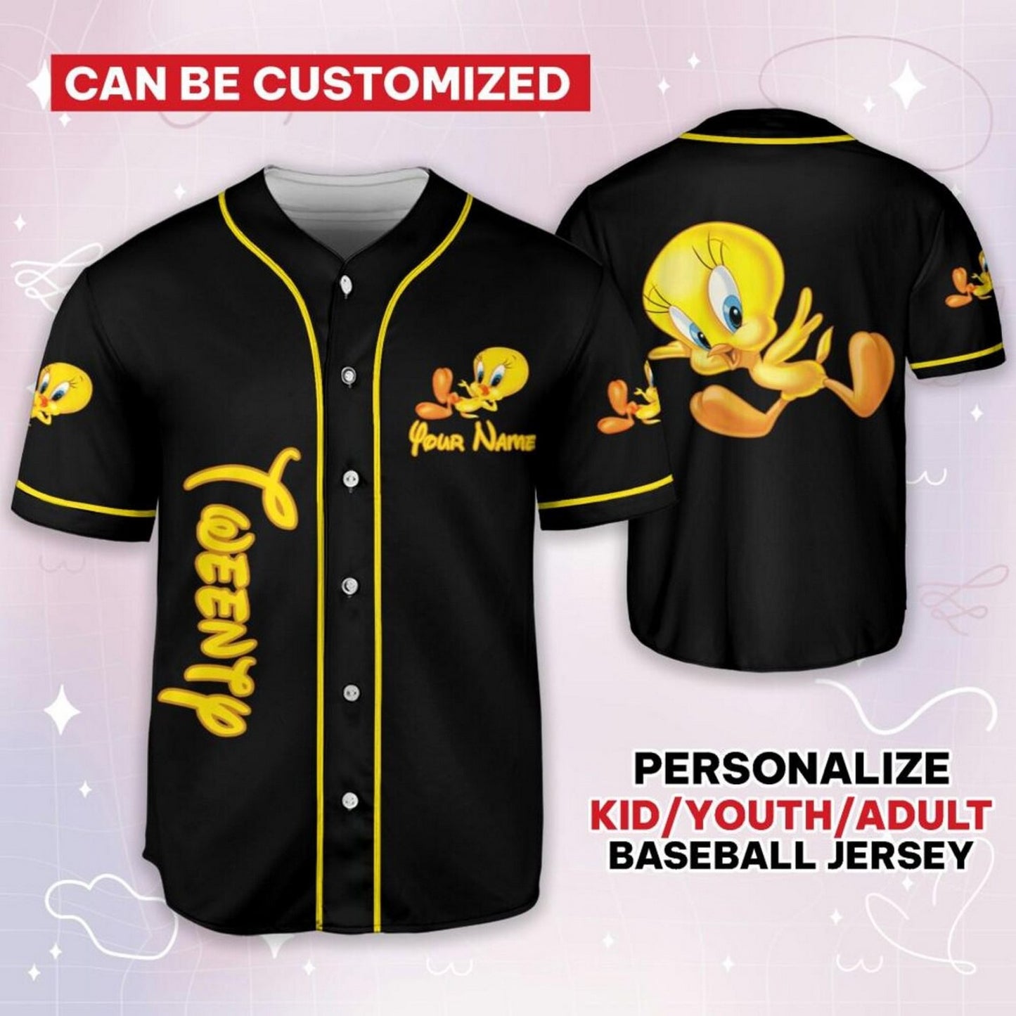 Custom Name Looney Tunes Tweety Black Yellow Baseball Jersey