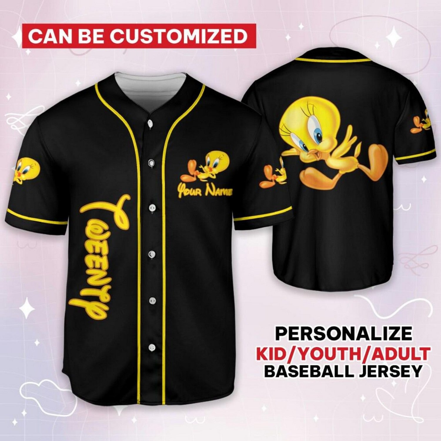 Custom Name Looney Tunes Tweety Black Yellow Baseball Jersey