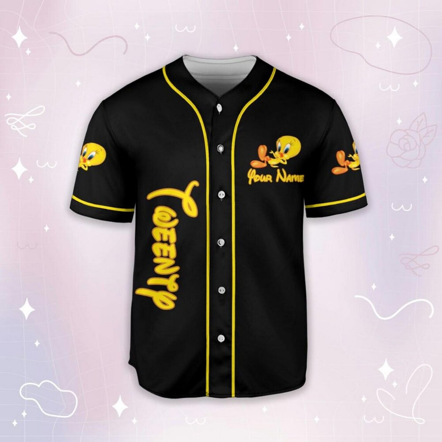 Custom Name Looney Tunes Tweety Black Yellow Baseball Jersey