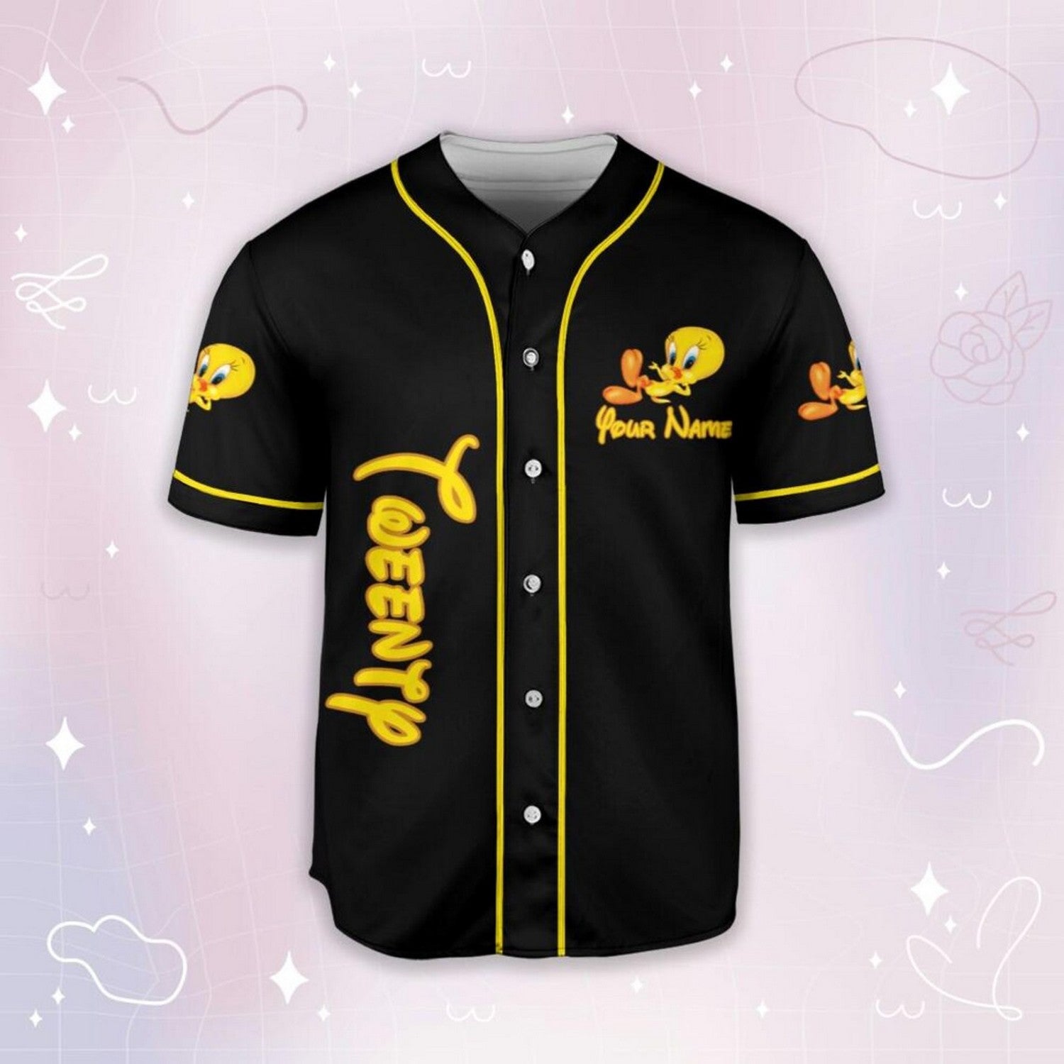 Custom Name Looney Tunes Tweety Black Yellow Baseball Jersey