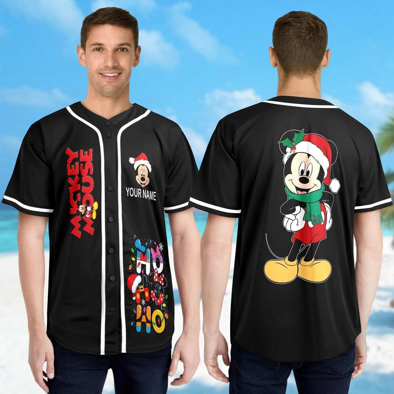 Custom Name Mickey Mouse Christmas Black Baseball Jersey