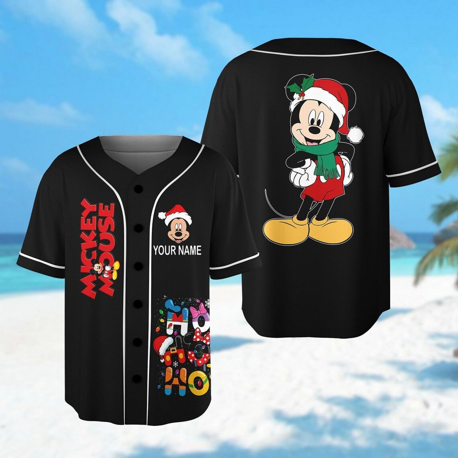Custom Name Mickey Mouse Christmas Black Baseball Jersey