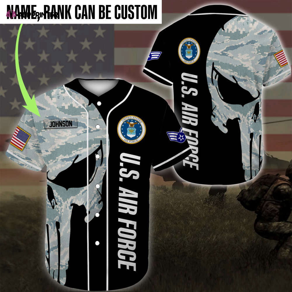 Custom Name Rank US Air Force Skull Camo Baseball Jersey Colorful Full Size - Aopprinter