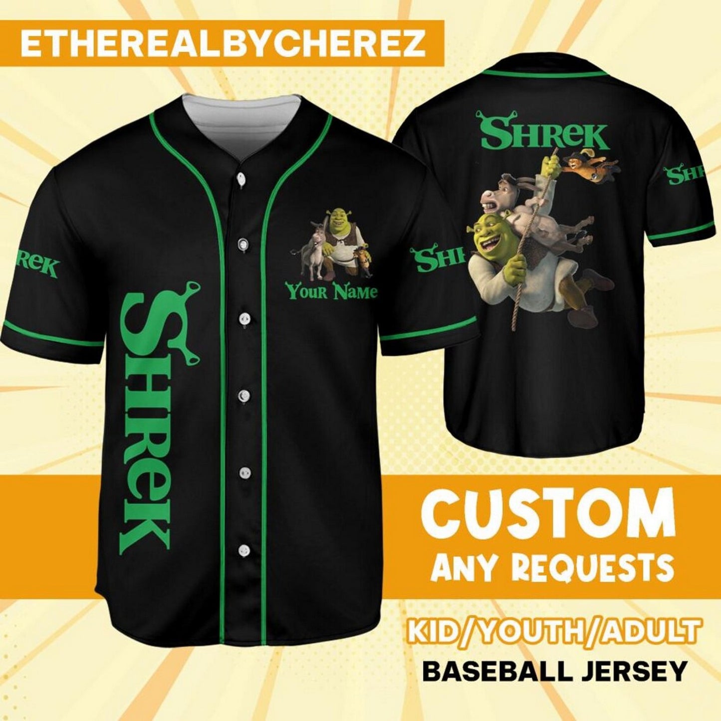 Custom Name  Shrek Friend Funny Awesome Black Green Baseball Jersey