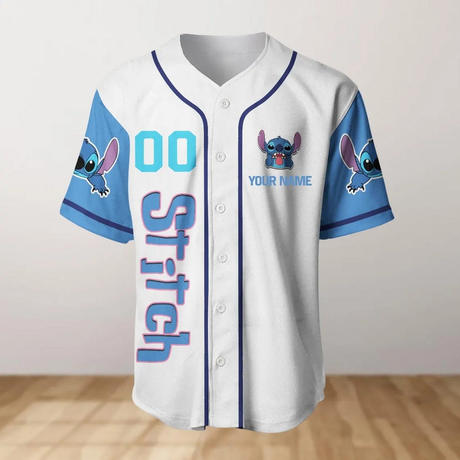 Custom Name Stitch Blue Watercolor Baseball Jersey