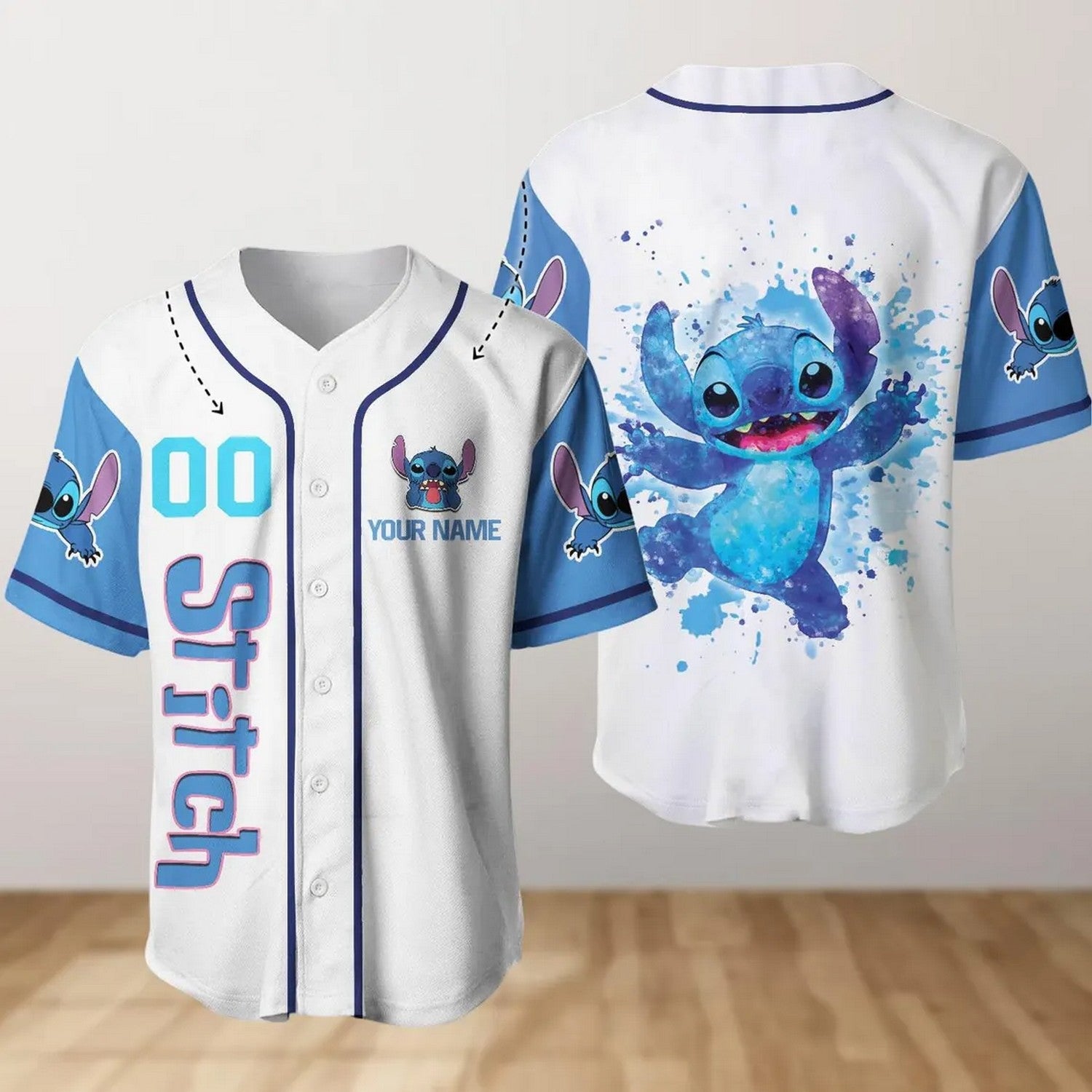 Custom Name Stitch Blue Watercolor Baseball Jersey