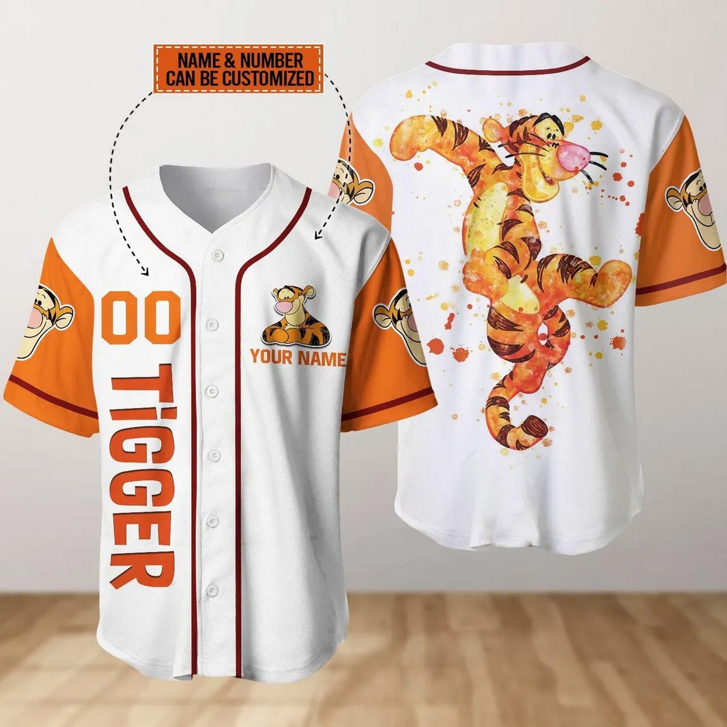 Custom Name Tigger Winnie The Pooh Watercolor Baseball Jersey