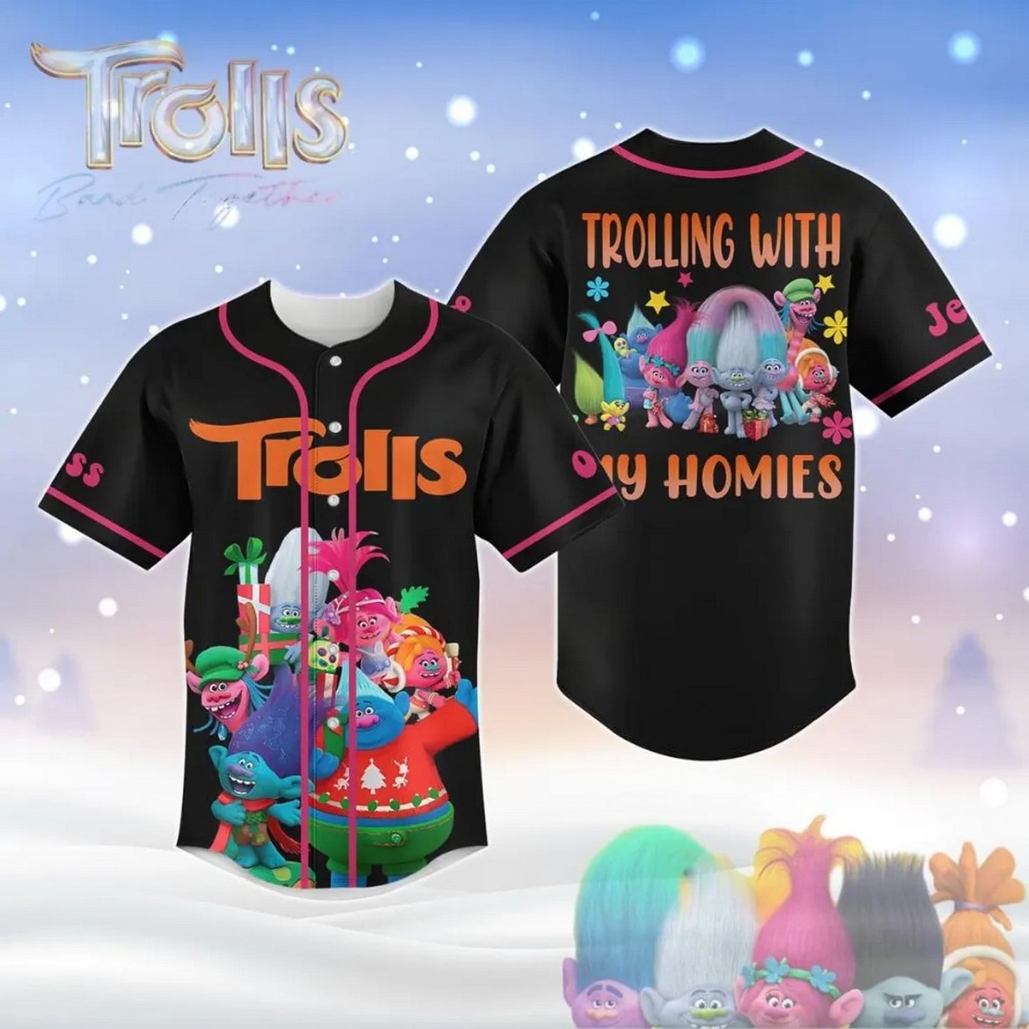 Custom Name Trolls Band Together Black Baseball Jersey