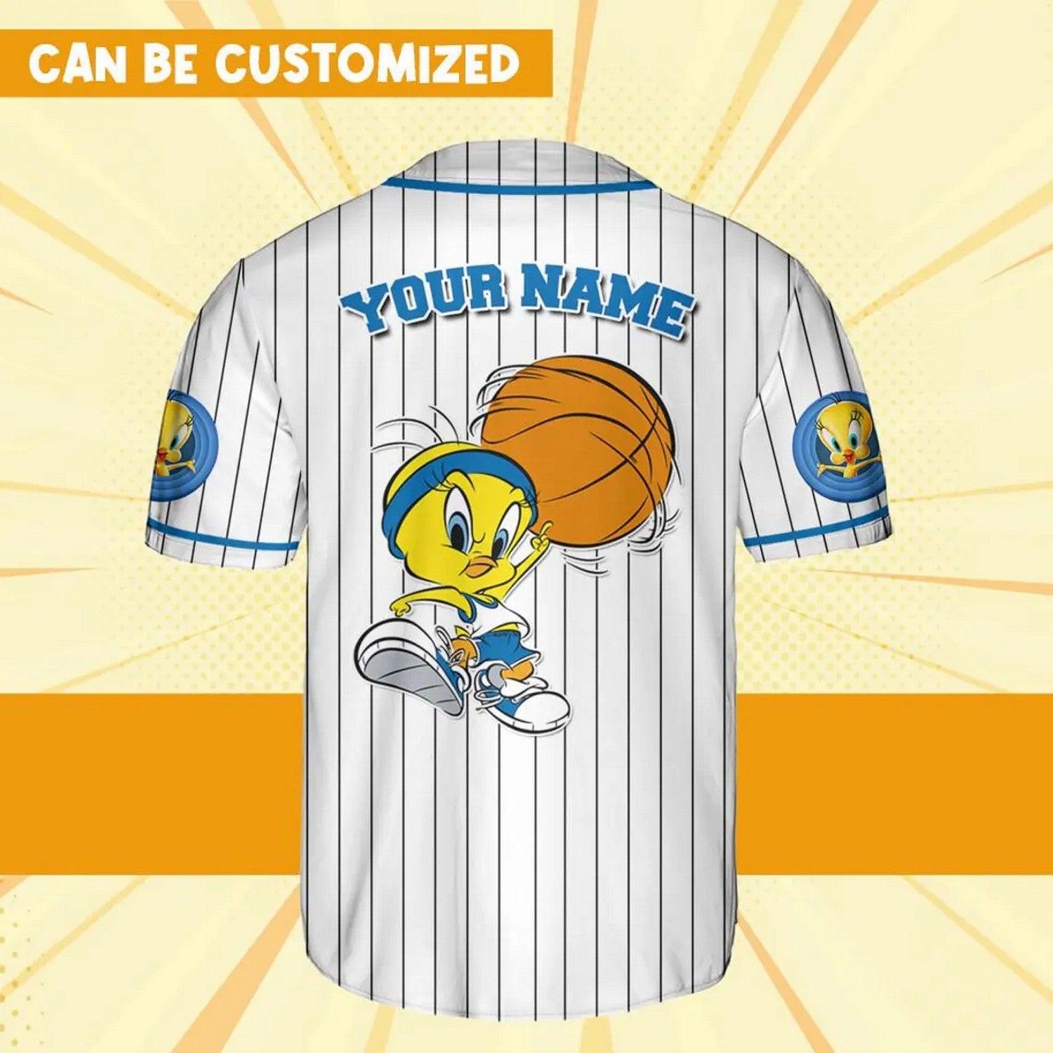 Custom Name Tweety Bird Blue White Baseball Jersey