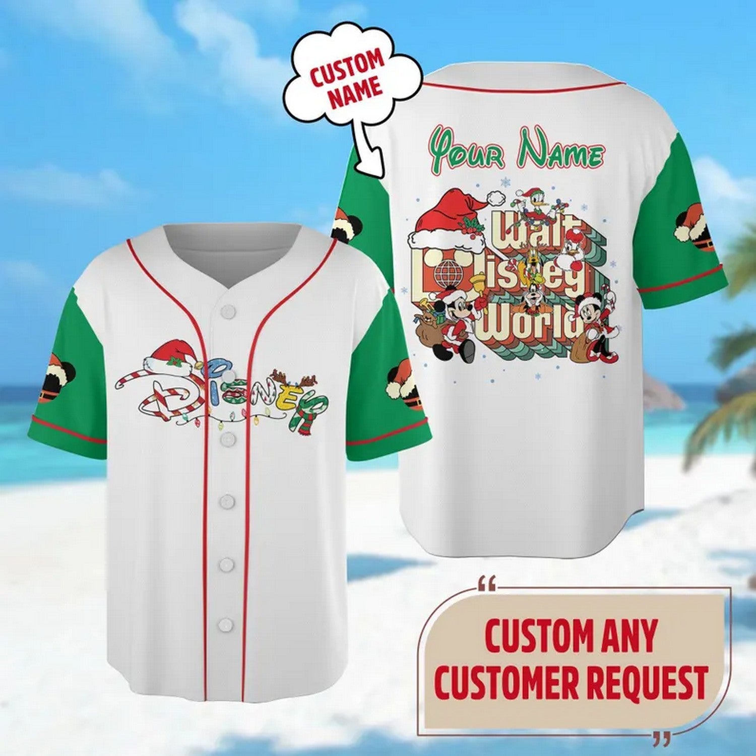 Custom Name Walt Disneyland Christmas Simple Green White Baseball Jersey