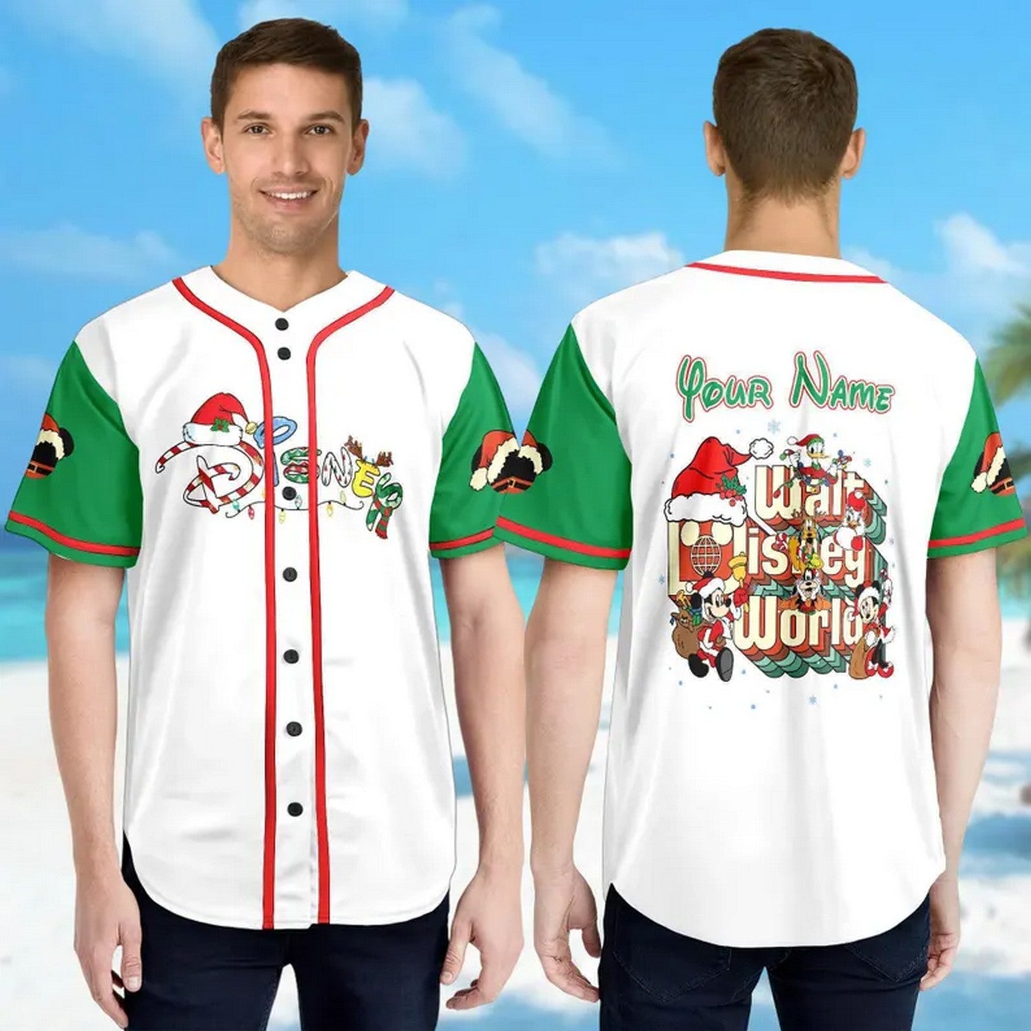 Custom Name Walt Disneyland Christmas Simple Green White Baseball Jersey